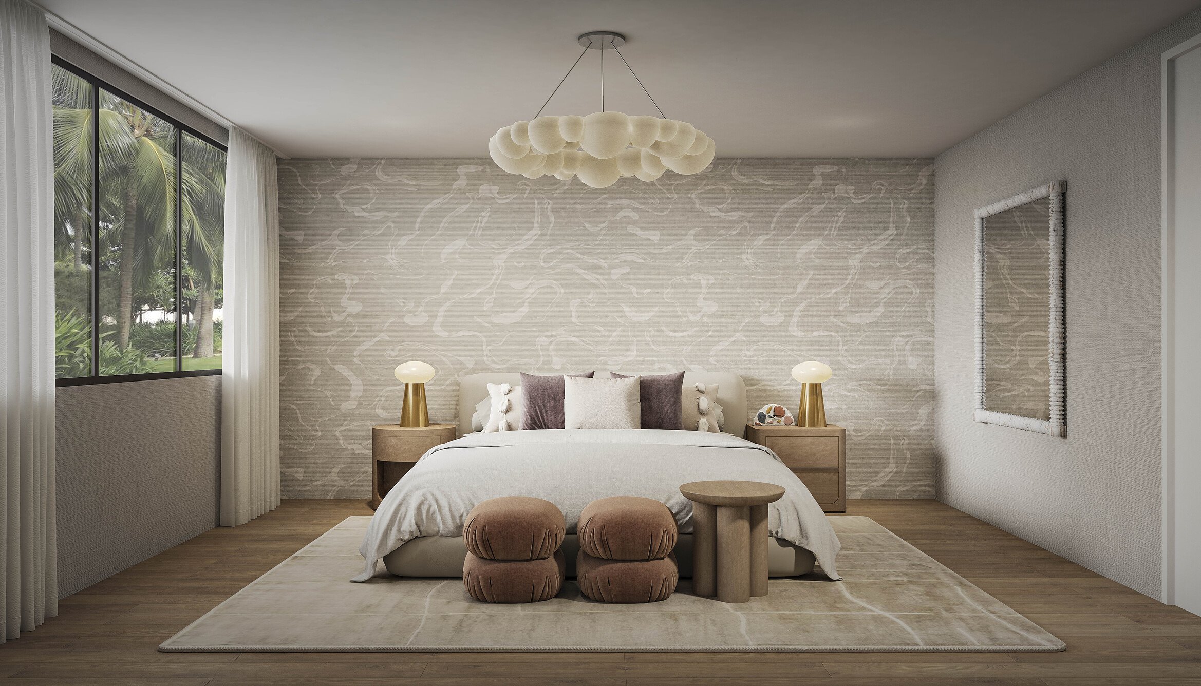 A refined girls’ bedroom featuring a custom media wall and a functional desk area designed for both comfort and productivity. A statement chandelier adds an elegant focal point, while soft tones, warm textures, and clean lines create a modern and inv