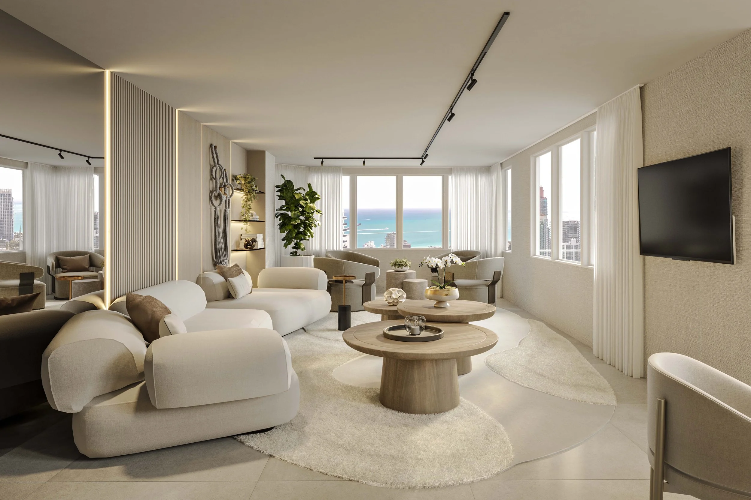 Elegant formal living room with warm sophistication. Space that blends elegance and comfort through warm tones and a cozy ambiance . Accent wall with mirror that reflects the sea, led light and a beautifull wall art piece