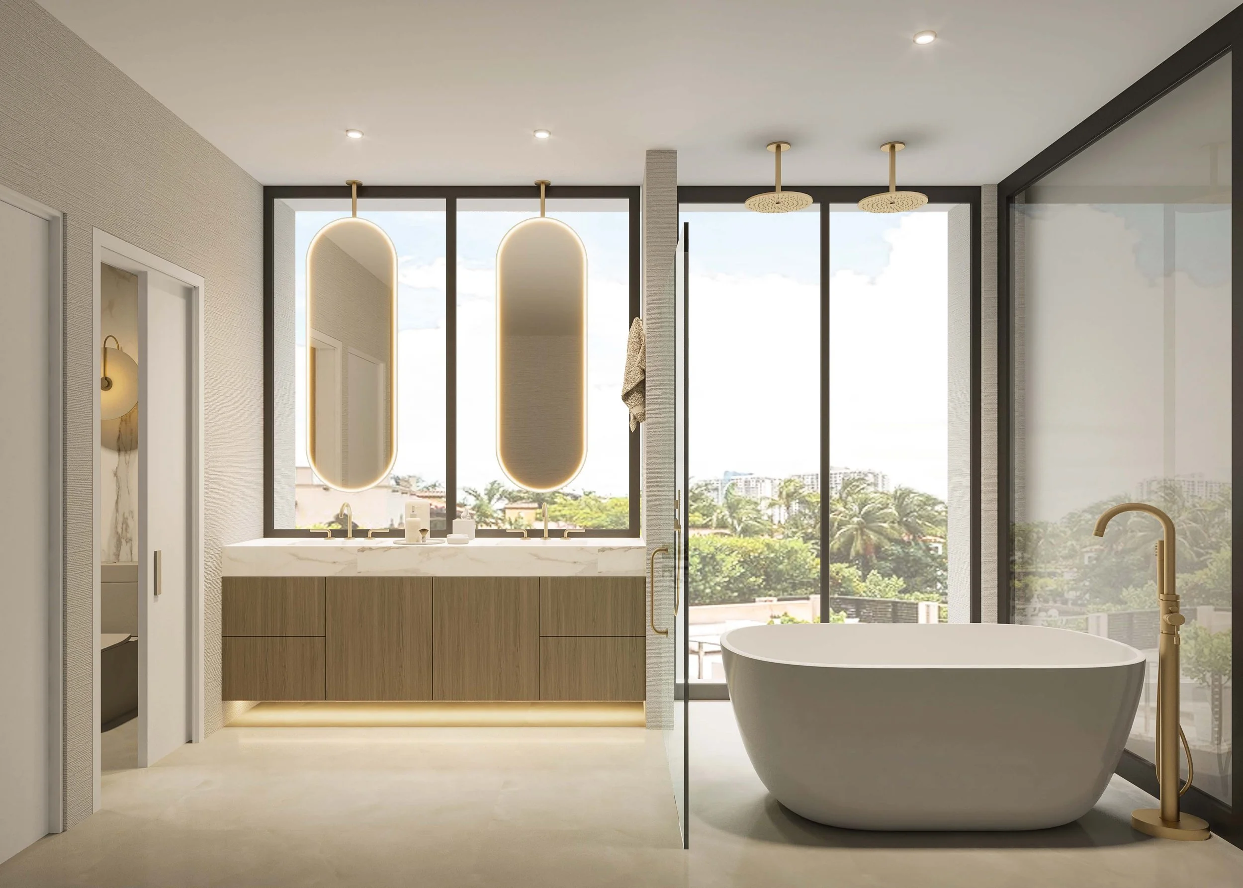 A spacious primary bathroom designed with a double vanity and dual mirrors, offering both functionality and symmetry. A freestanding tub and walk-in shower complete the layout, while clean lines, soft neutral tones, and refined materials create a ser