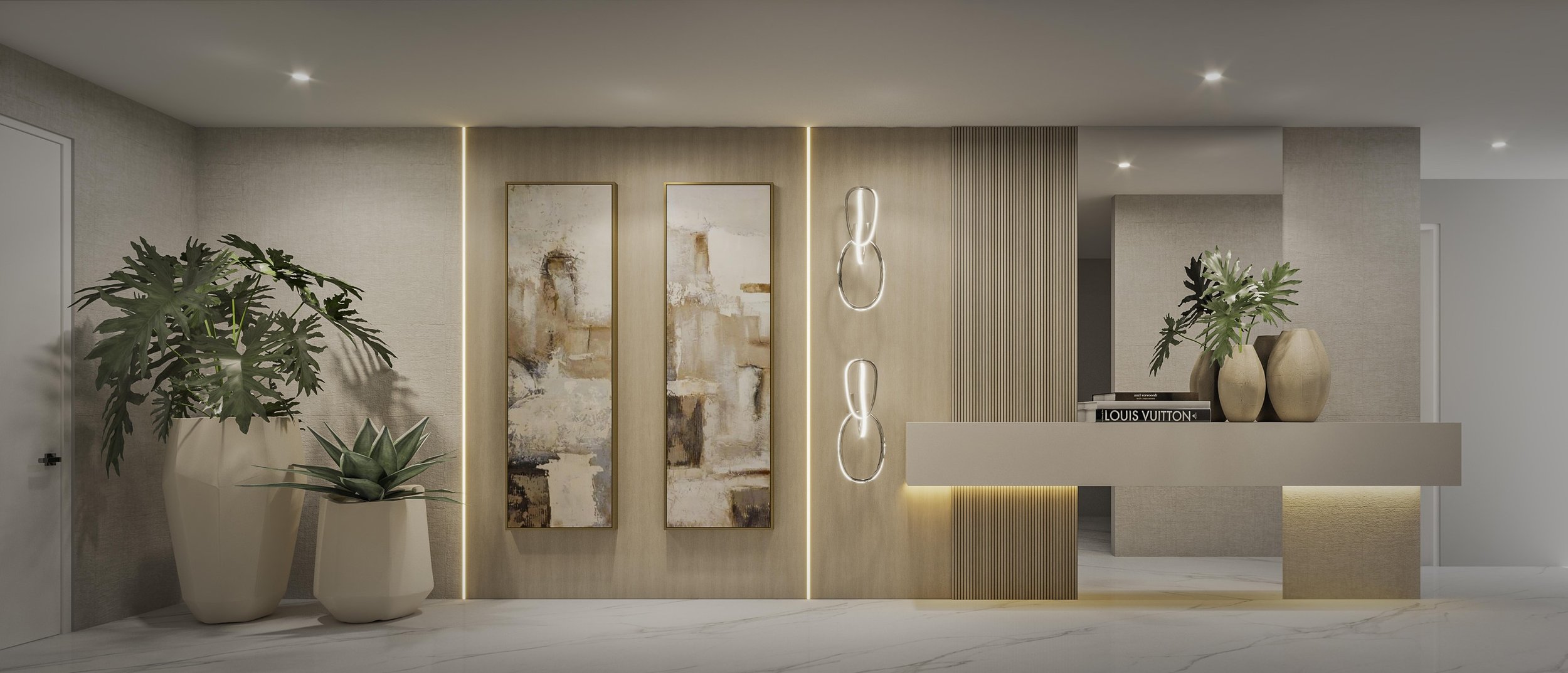 A refined vestibule designed to create an elegant transition from the elevator into the residence. Featuring decorative wall panels, a clean-lined console, statement wall art, and curated planters, the space feels both welcoming and sophisticated. A 