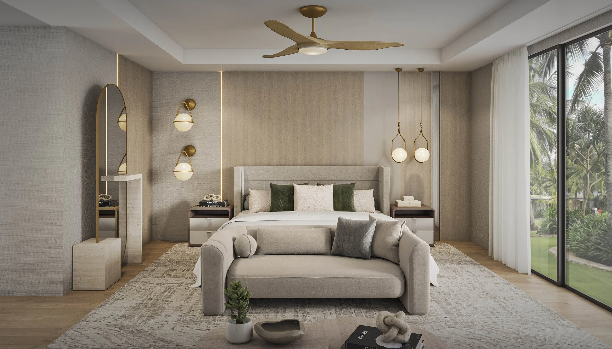 A warm and sophisticated primary bedroom featuring a custom upholstered headboard with paneled detailing that adds texture and depth to the space. Integrated sconces, pendant lighting, and a tailored bench enhance the layered design, while a custom m