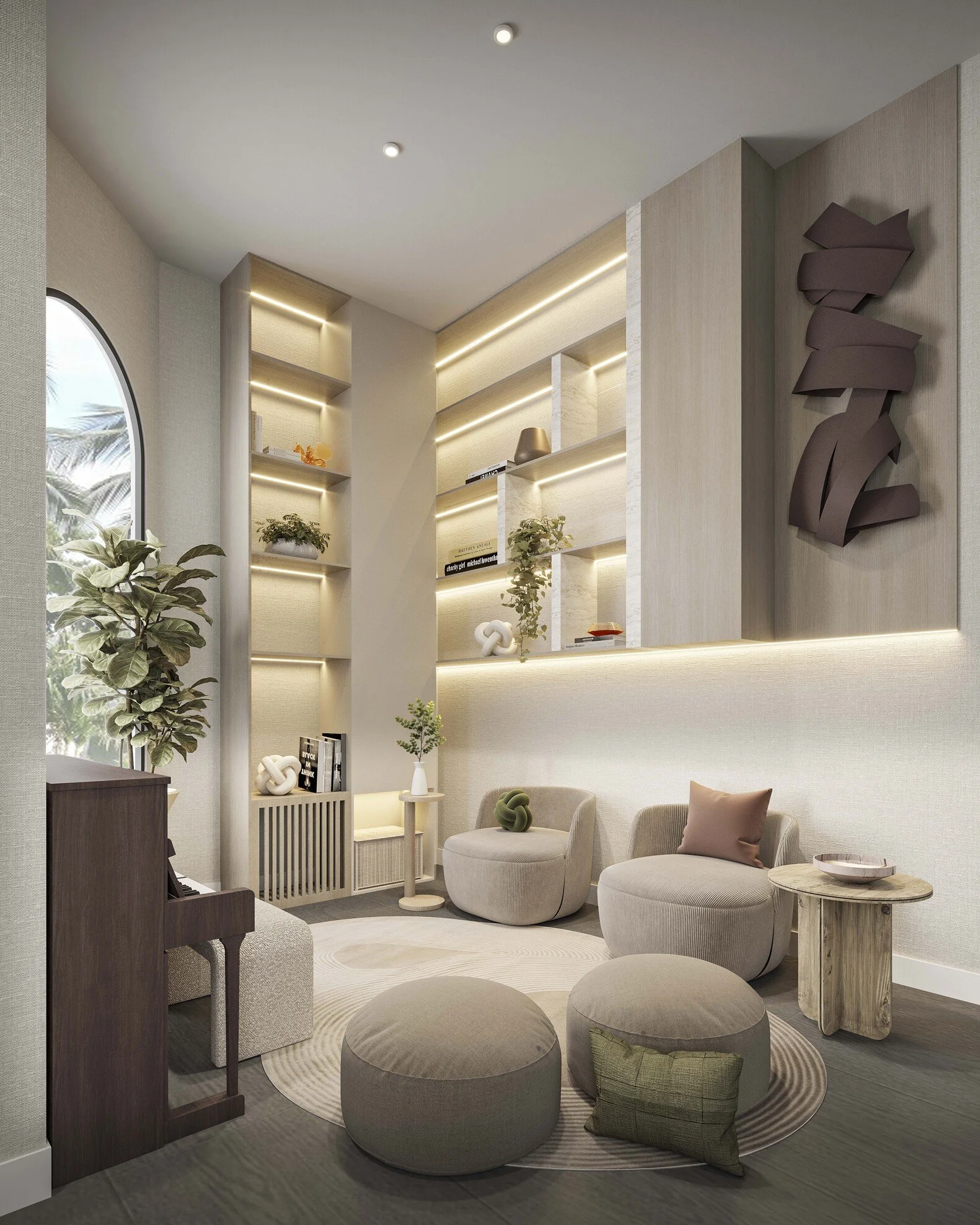 This lounge area is designed as a refined music retreat, featuring a custom built-in that anchors the space with both functionality and elegance. A sculptural wall element adds artistic depth and visual interest, while the piano becomes the soul of t