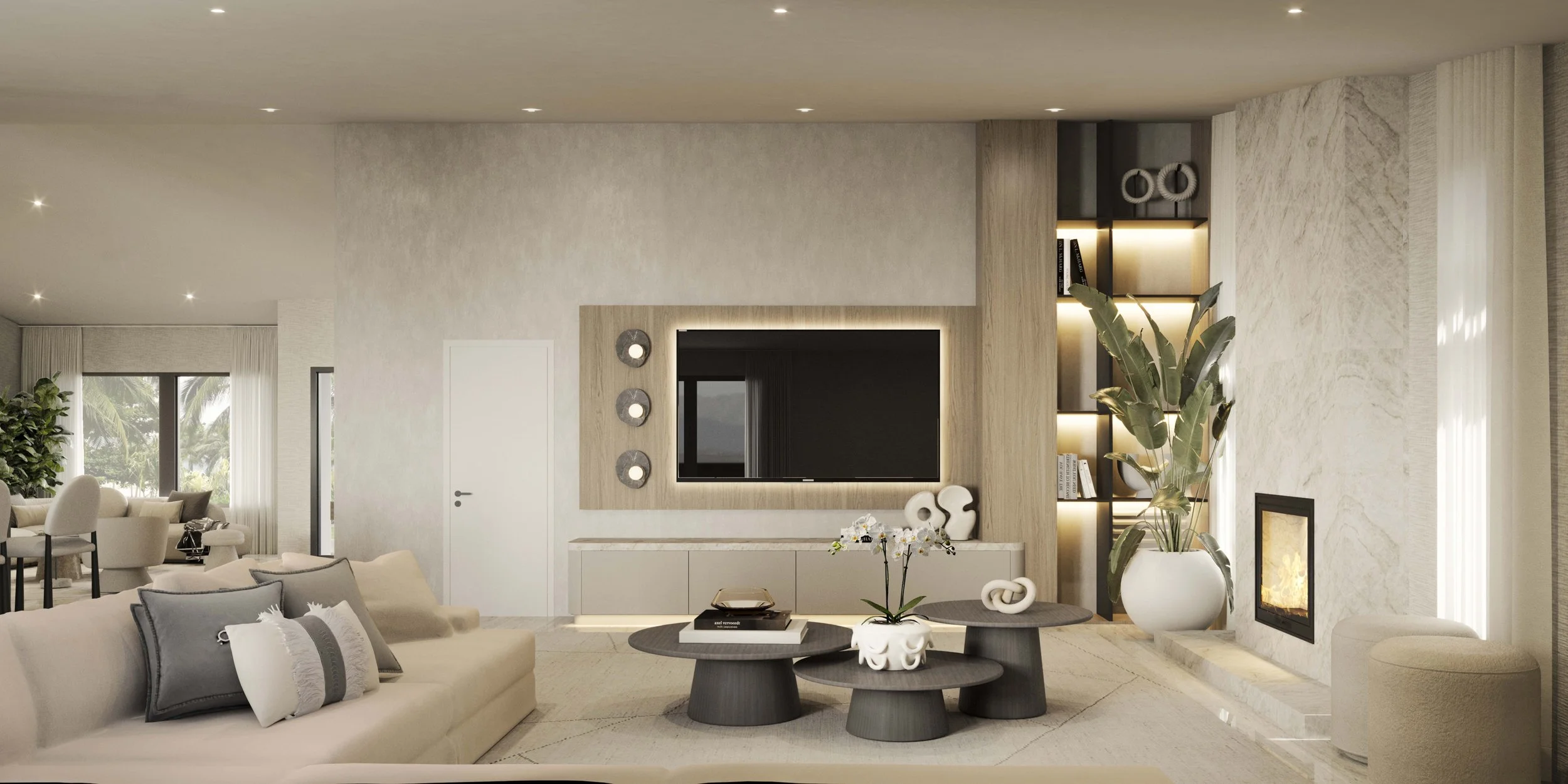 A contemporary family room featuring a spacious sectional sofa centered around a modern fireplace and custom media wall. Warm wood finishes, integrated shelving with soft lighting, and neutral tones create a cozy yet refined atmosphere, perfect for r