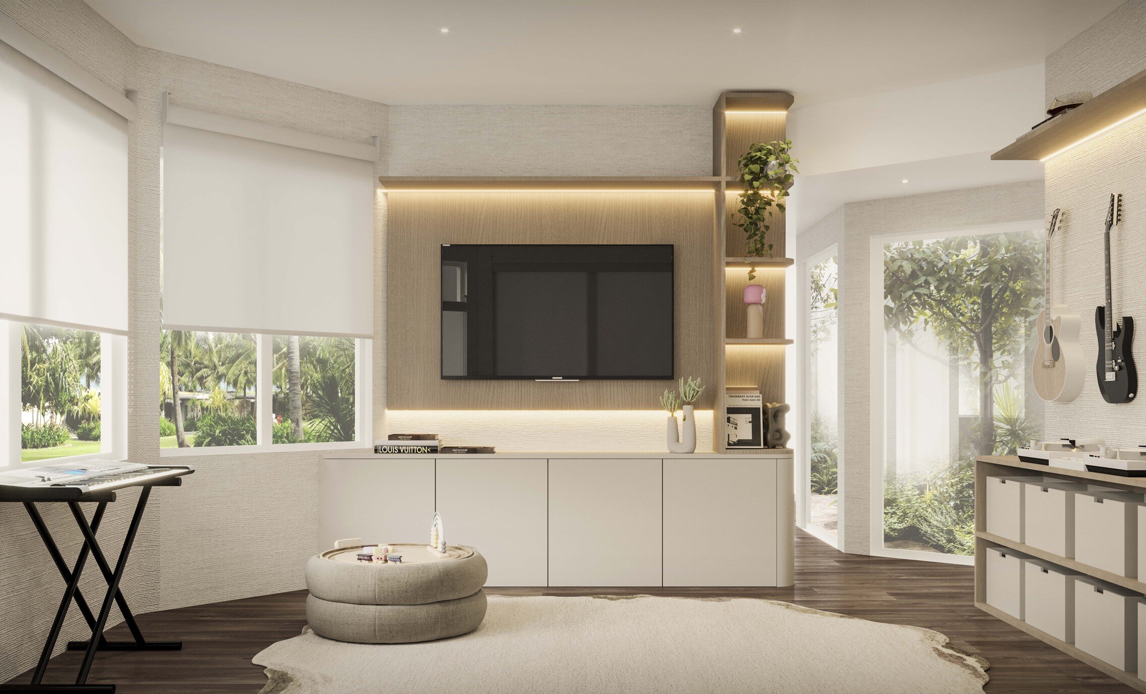A sophisticated residential media and music lounge centered on a striking vertical wood slat accent wall with integrated LED lighting. Custom white cabinetry provides clean storage, complemented by a tall, rounded shelving unit with a cascading plant