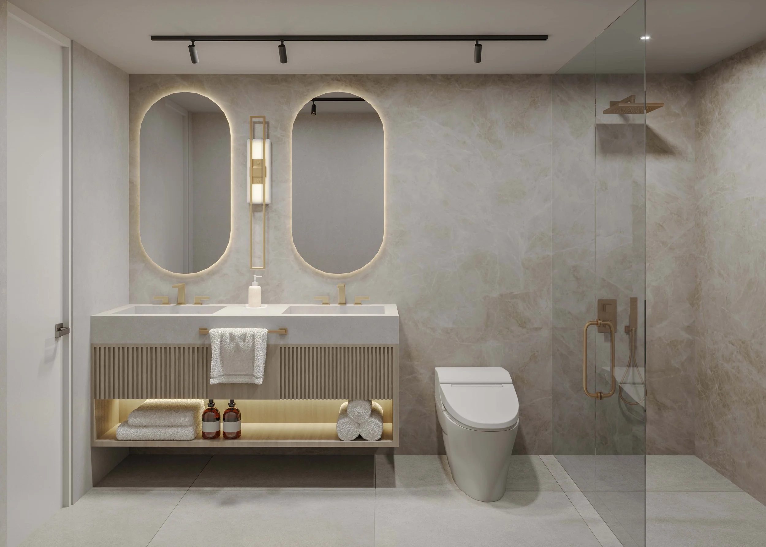 Timeless and modern master bathroom with wall sconce light warm stone wall with black brass, double custome vanity