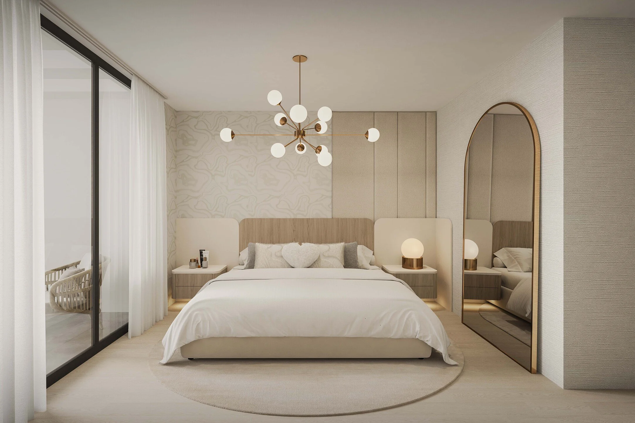 A thoughtfully designed girls’ bedroom featuring a custom built-in that seamlessly integrates a desk and makeup station, creating a functional yet playful environment. Soft tones, clean lines, and tailored millwork bring a sense of order and warmth, 