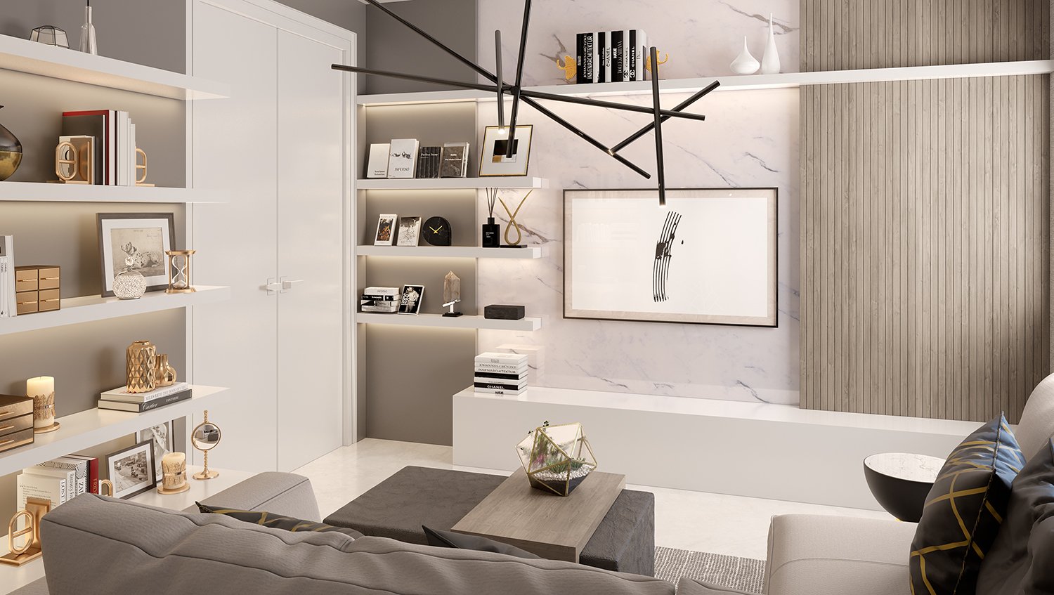 Custom built-ins and wall coverings make this luxury space. The white marble and wood paneling bring an organic feel, while keeping it high-end.