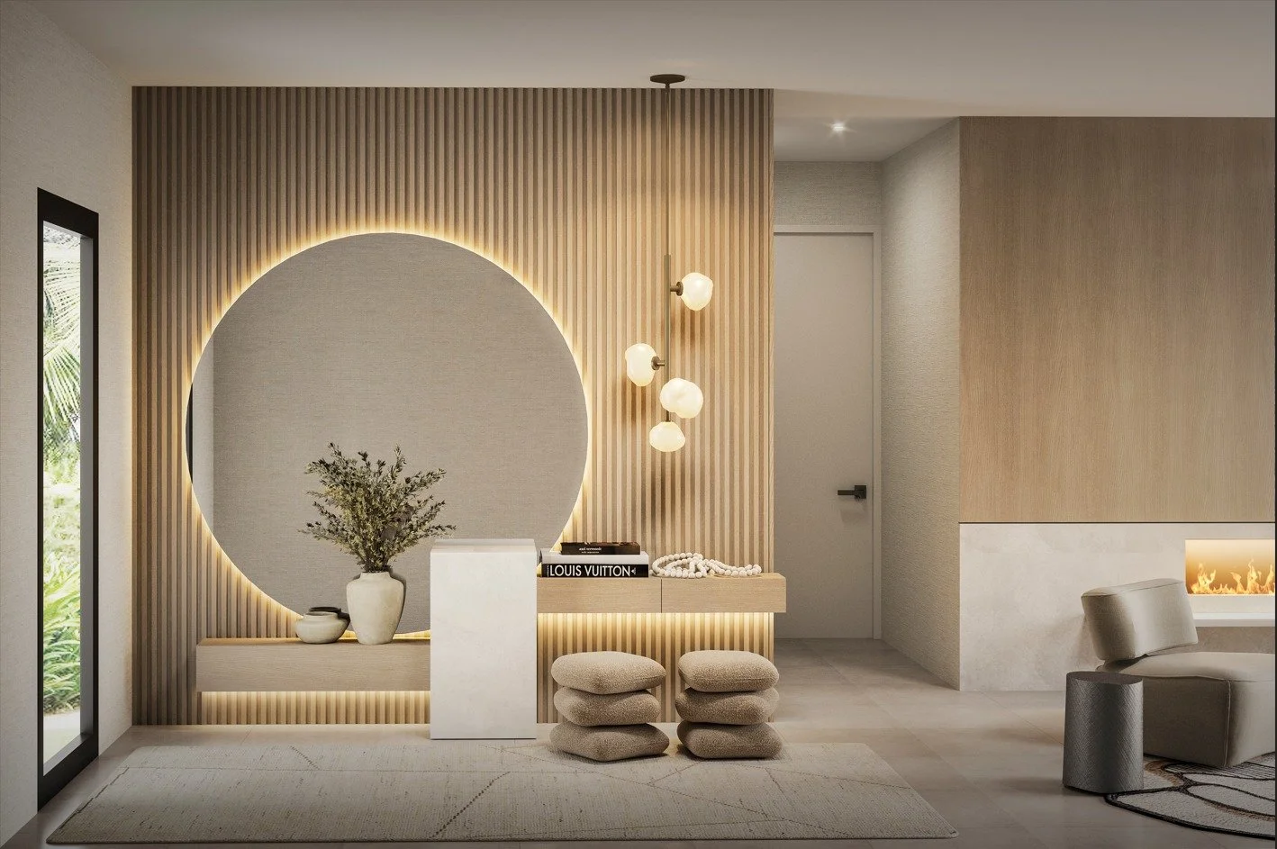 A welcoming foyer designed with warm wood slats, soft LED lighting, and a statement pendant light that enhances the architectural character of the space. A round mirror, elegant console, and upholstered ottomans create a balanced and sophisticated en