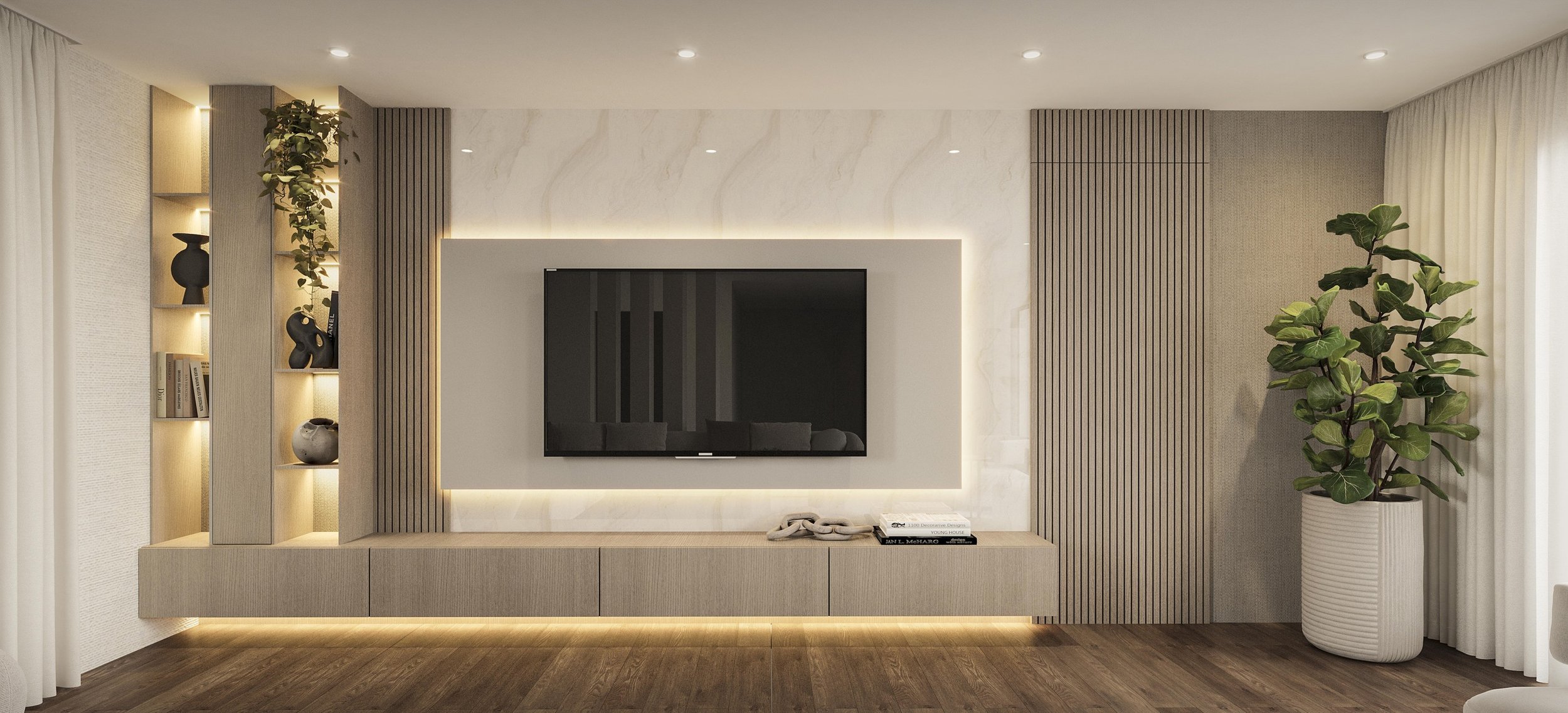 A fully integrated custom built-in designed to transform the entire wall into a cohesive architectural focal point. Vertical wood slats seamlessly conceal a door, allowing it to blend into the overall design while maintaining a clean and uninterrupte