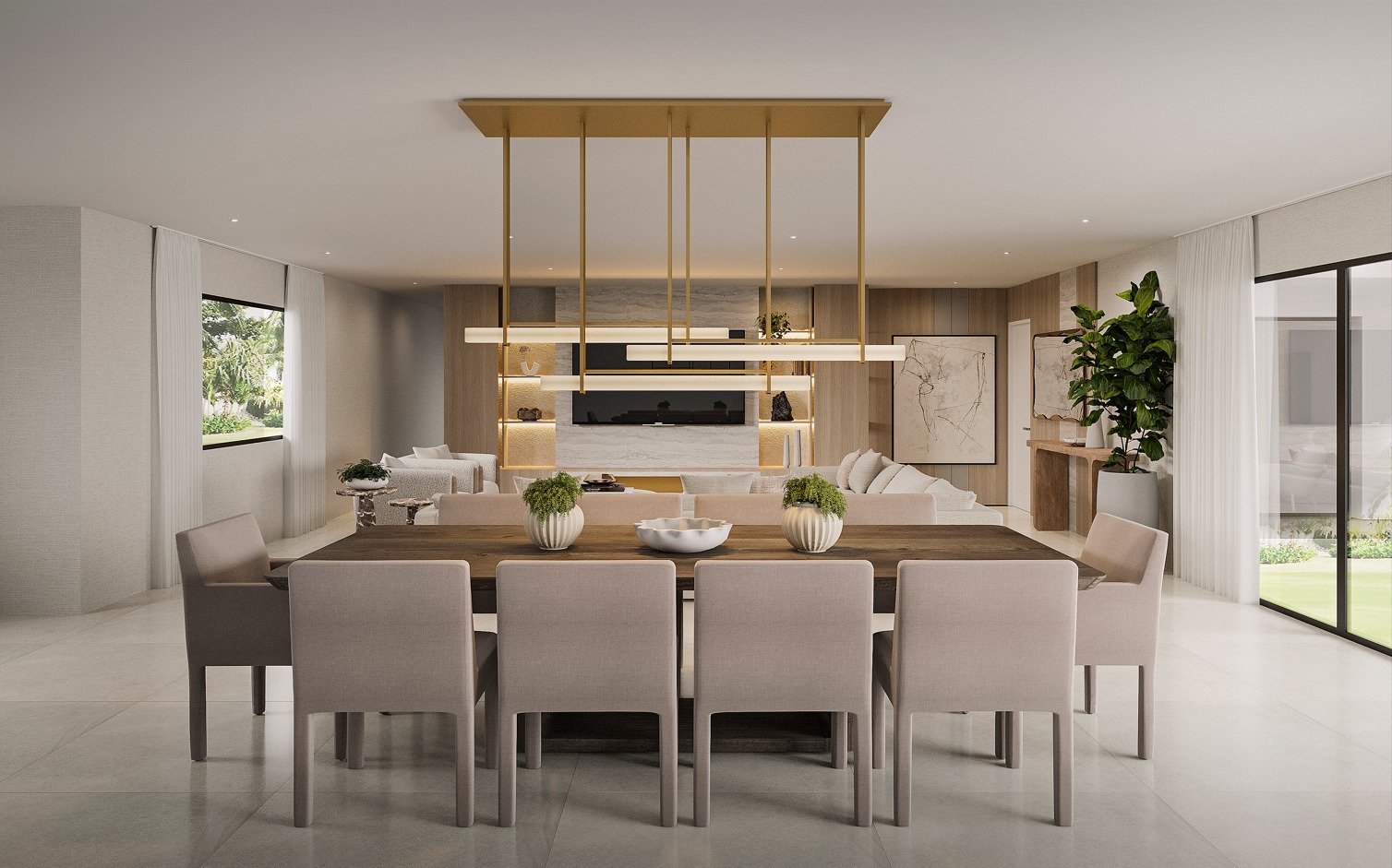 Elegant 10-seat dining room designed in warm tones with subtle gold accents — the perfect setting for hosting large gatherings,  and beautiful lighting 