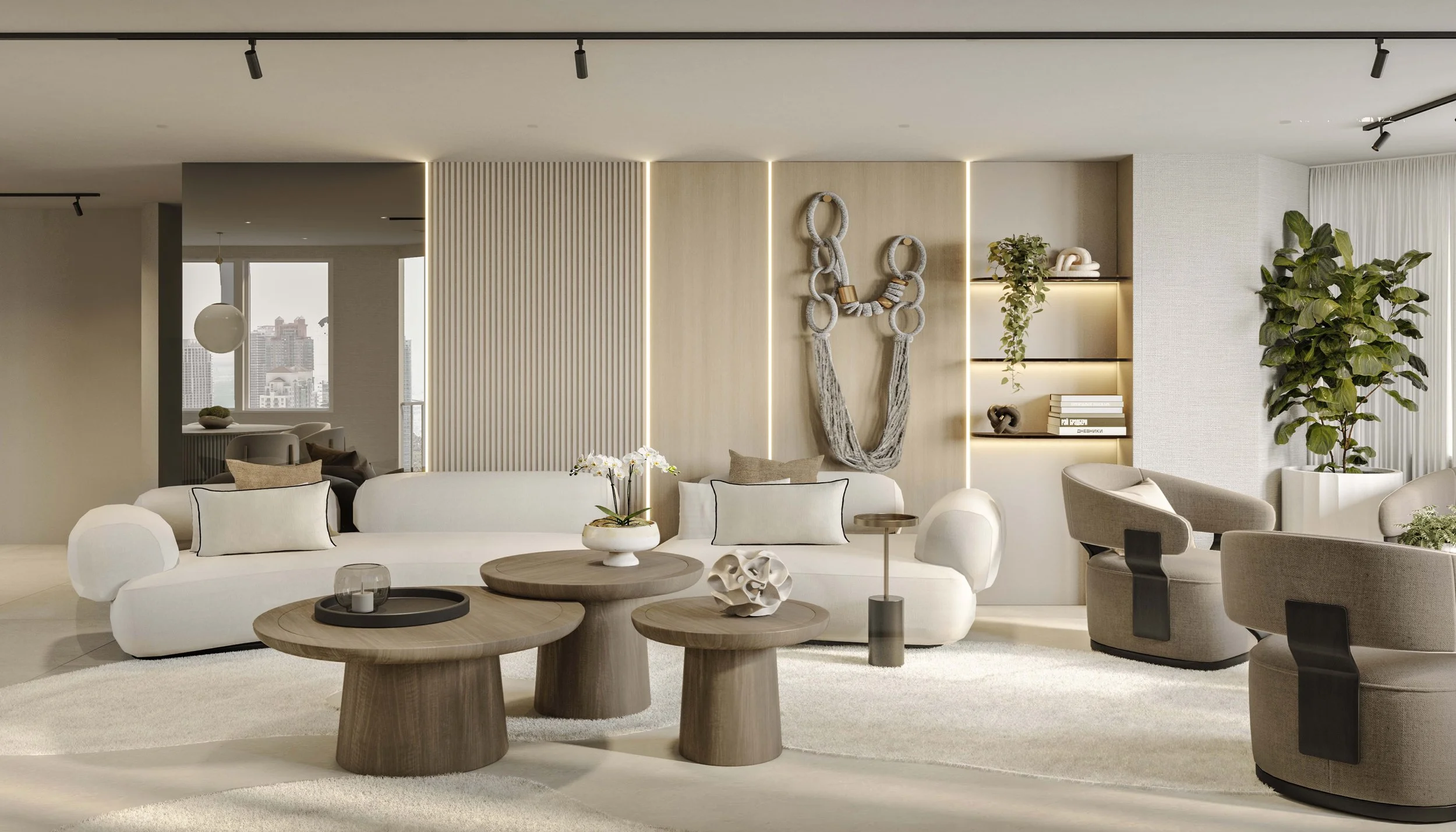 Elegant formal living room with warm sophistication. Space that blends elegance and comfort through warm tones and a cozy ambiance . Accent wall with mirror that reflects the sea, led light and a beautifull wall art piece