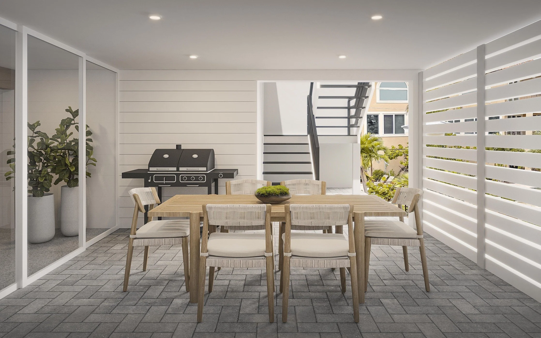 Custom garage conversion with a billiards table, media room, golf cart storage, paddle board rack, lounge seating, and BBQ area. A multifunctional entertainment space designed for recreation, social gatherings, and modern luxury living.