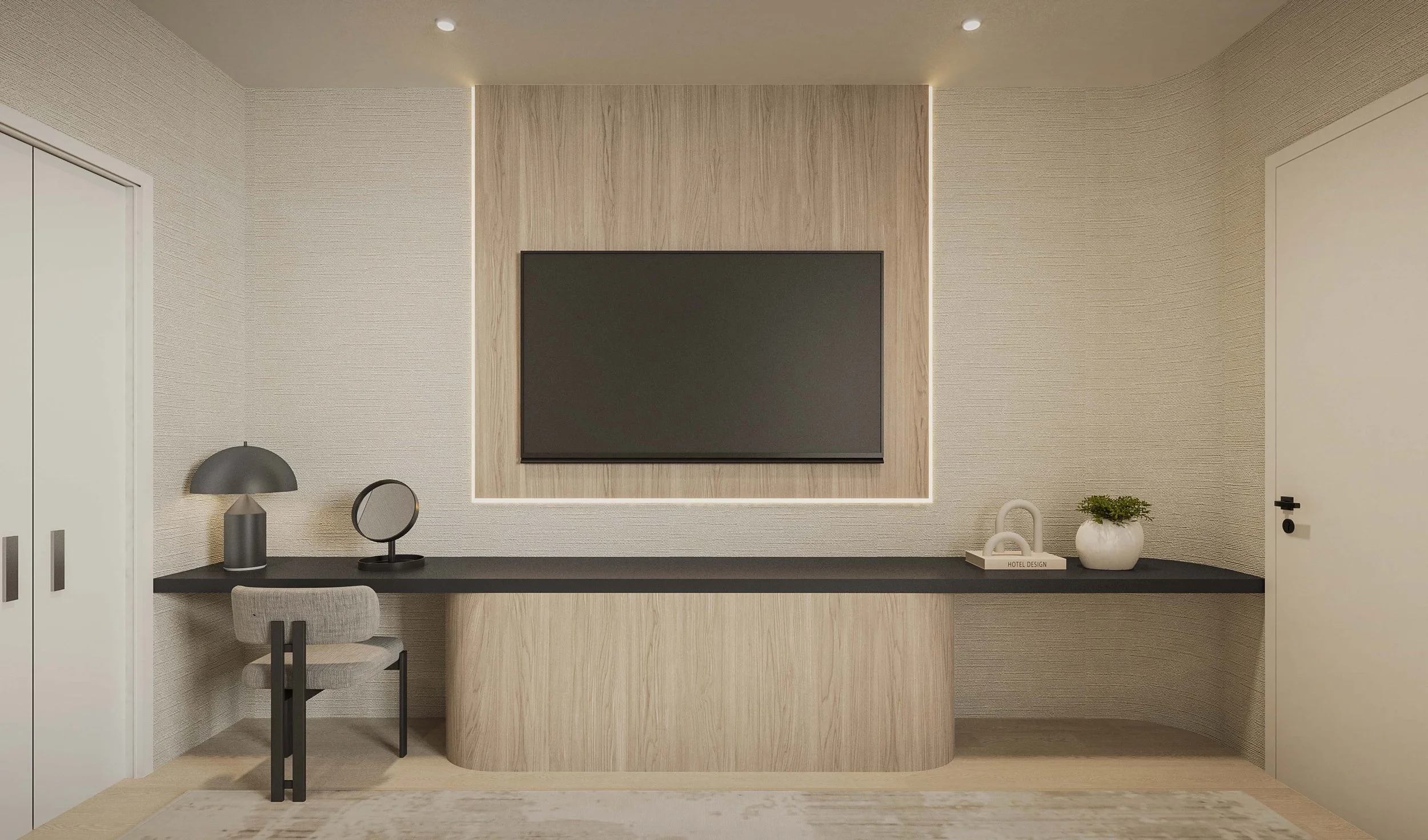 A modernbedroom anchored by a custom media wall that adds both functionality and visual depth. Clean lines, integrated desk, and a soft neutral palette create a calm and cohesive environment, enhancing comfort while maintaining a refined modern desig