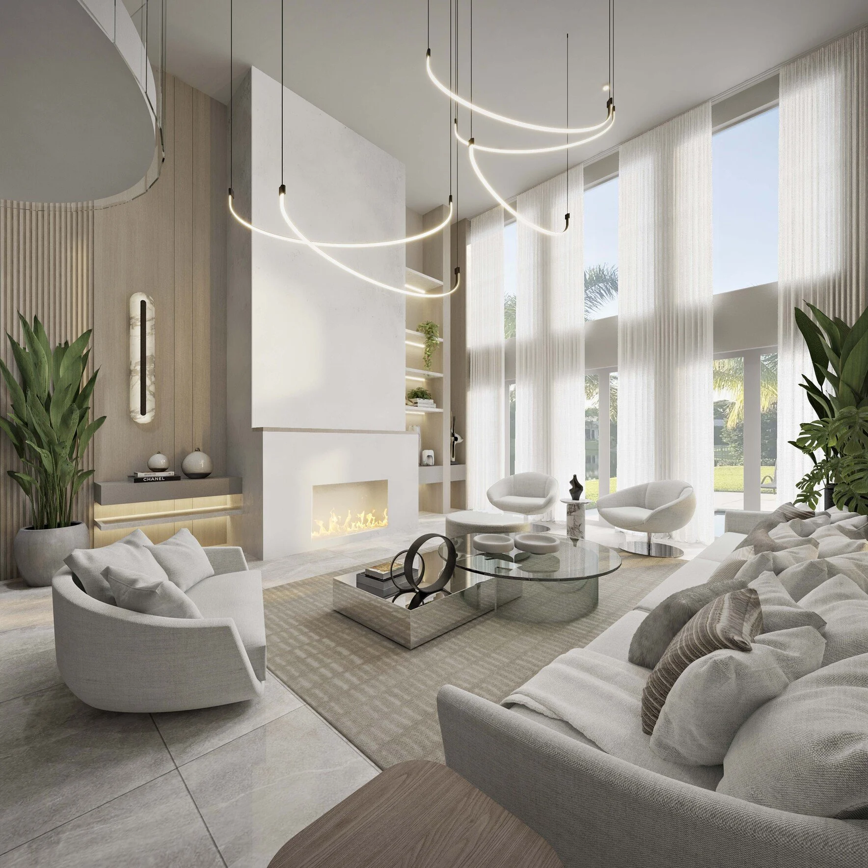 A sophisticated and elegant formal living room designed in soft warm tones. The warm wood paneling and sleek stone details in the fireplace create balance, while the statement chandelier adds a touch of contemporary sophistication