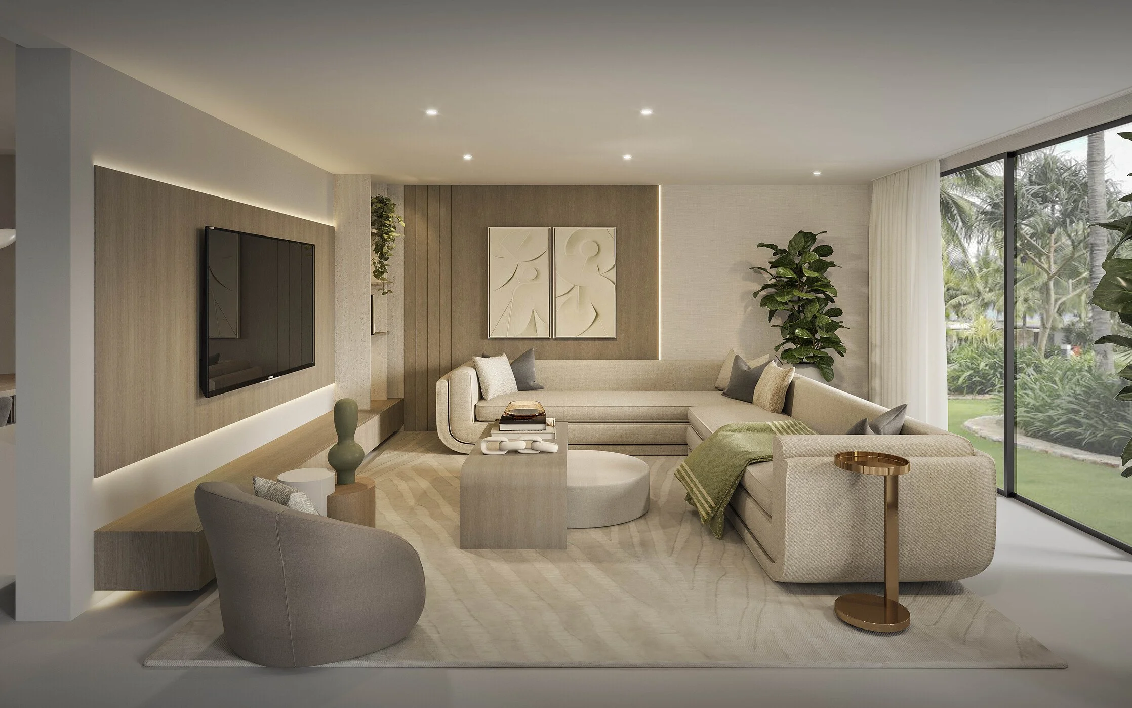A warm and inviting family room featuring a spacious sectional sofa paired with a custom built-in designed for both functionality and style. Wood panel detailing and curated wall art add texture and character to the space, while soft tones and layere