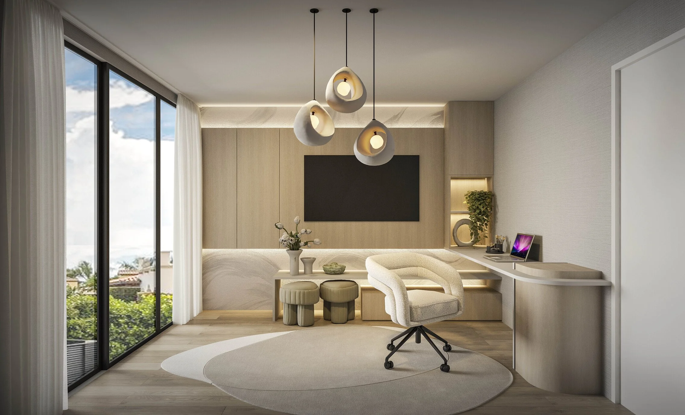 A bright and feminine home office designed with soft tones, warm wood paneling, and a custom built-in that blends functionality with elegance. A wall-mounted TV and comfortable sofa create a relaxed and versatile environment, while clean lines and re