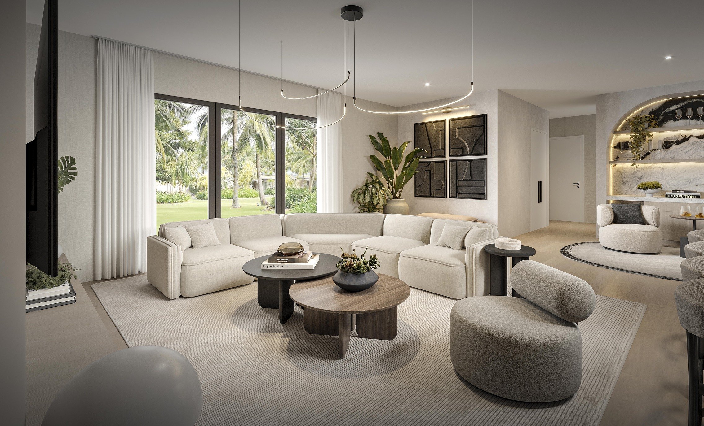 A sophisticated formal living room designed for both comfort and entertaining, featuring a spacious sectional sofa and a custom media wall that serves as a refined focal point. A statement chandelier and curated wall art add elegance and visual inter