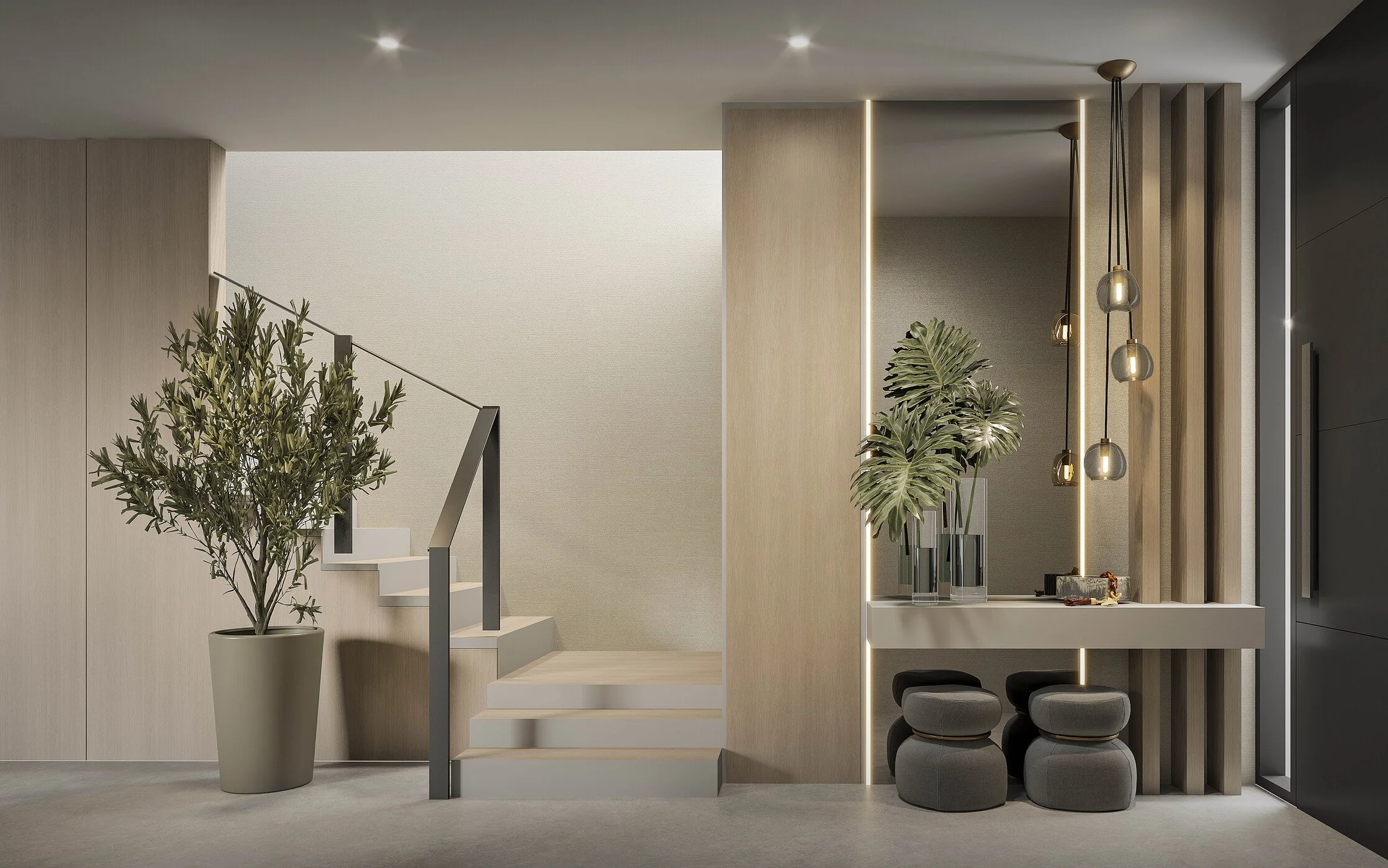 A sophisticated foyer featuring a custom built-in with warm wood finishes and vertical wood slat detailing that adds texture and architectural depth. A floor-to-ceiling elongated mirror enhances the sense of height and light, while sculptural pendant
