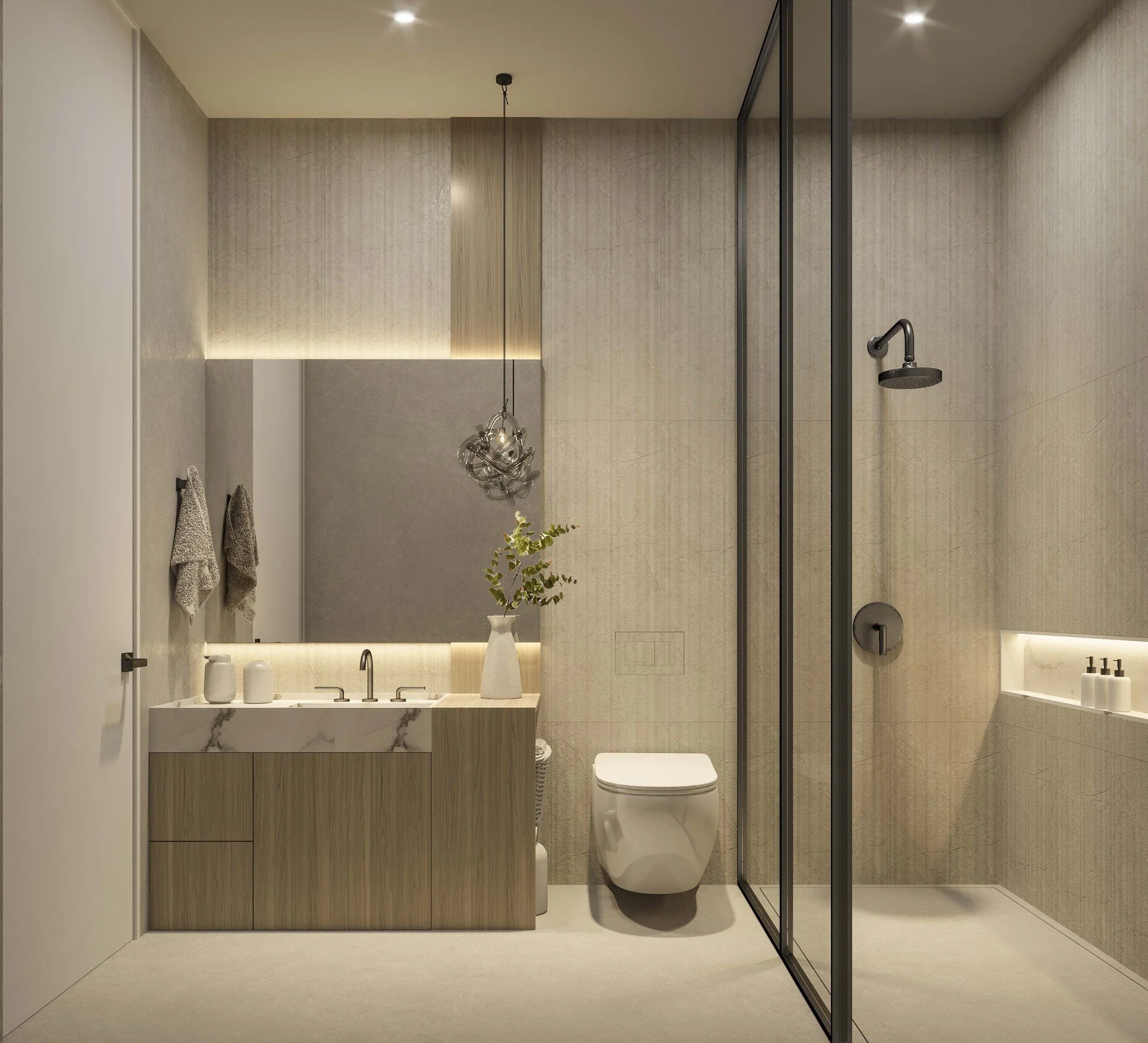 A warm and inviting bathroom featuring a wood vanity that brings natural texture and richness to the space. Paired with clean lines and soft neutral tones, the design creates a balanced, modern atmosphere with a subtle touch of warmth and sophisticat