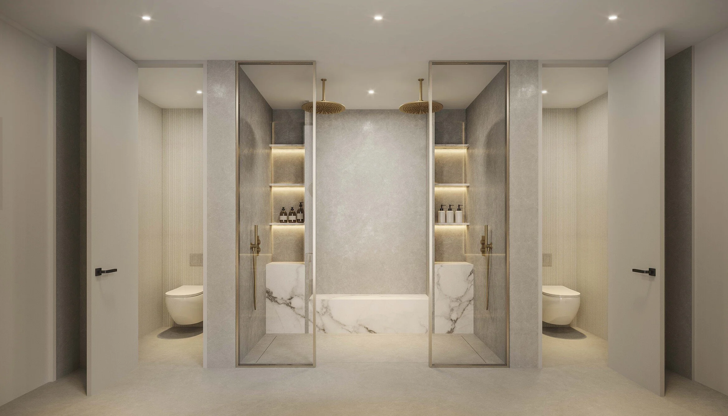 A luxurious primary bathroom designed with a symmetrical layout, featuring dual vanities positioned on either side of a freestanding tub, accented by a statement chandelier above. A spacious walk-in shower with dual shower heads and separate toilet a