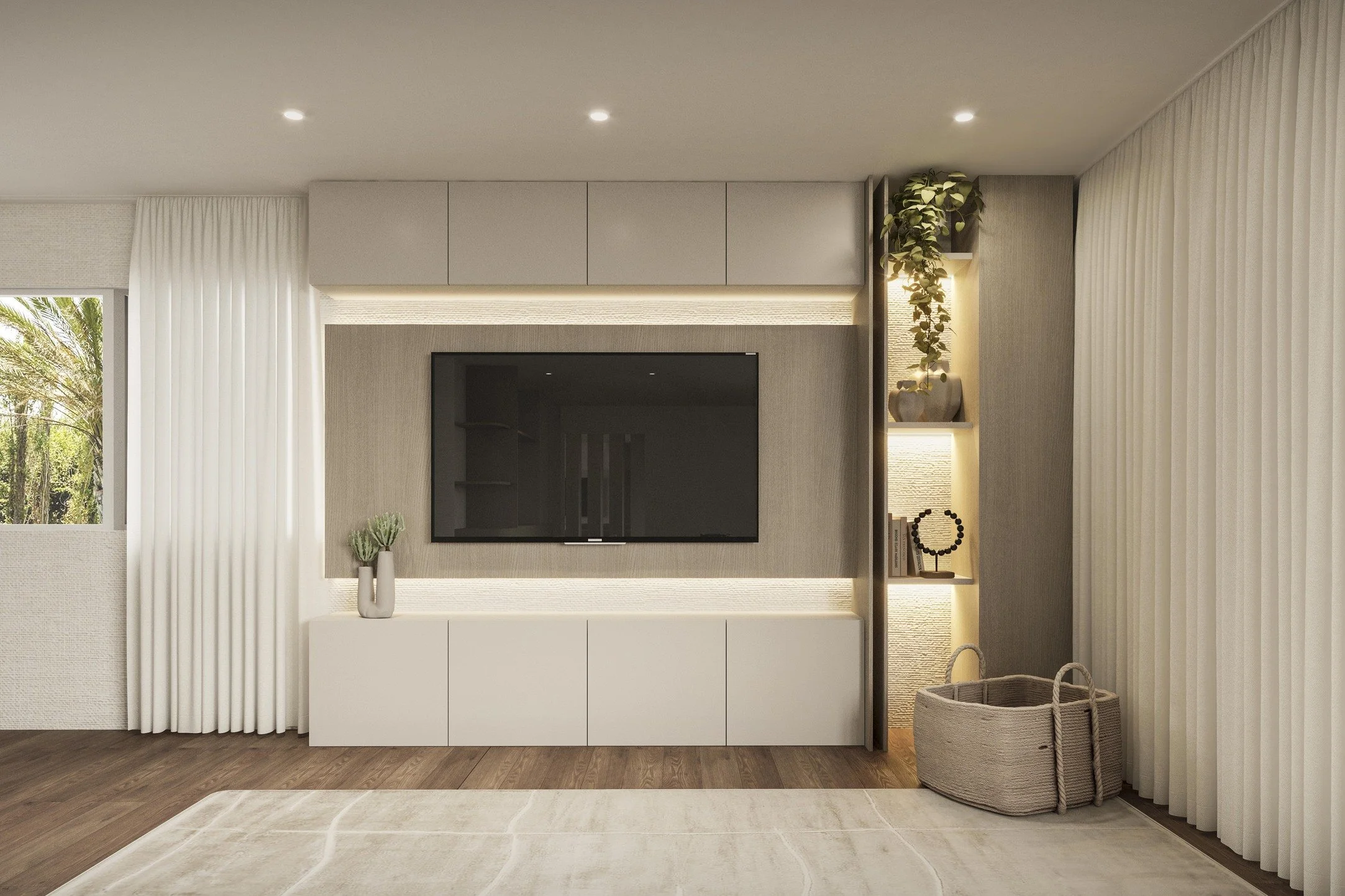 A custom built-in provides abundant hidden storage while maintaining a clean, sophisticated look, with integrated LED lighting adding a warm glow and highlighting the architectural details. The result is a welcoming space that feels both elevated and