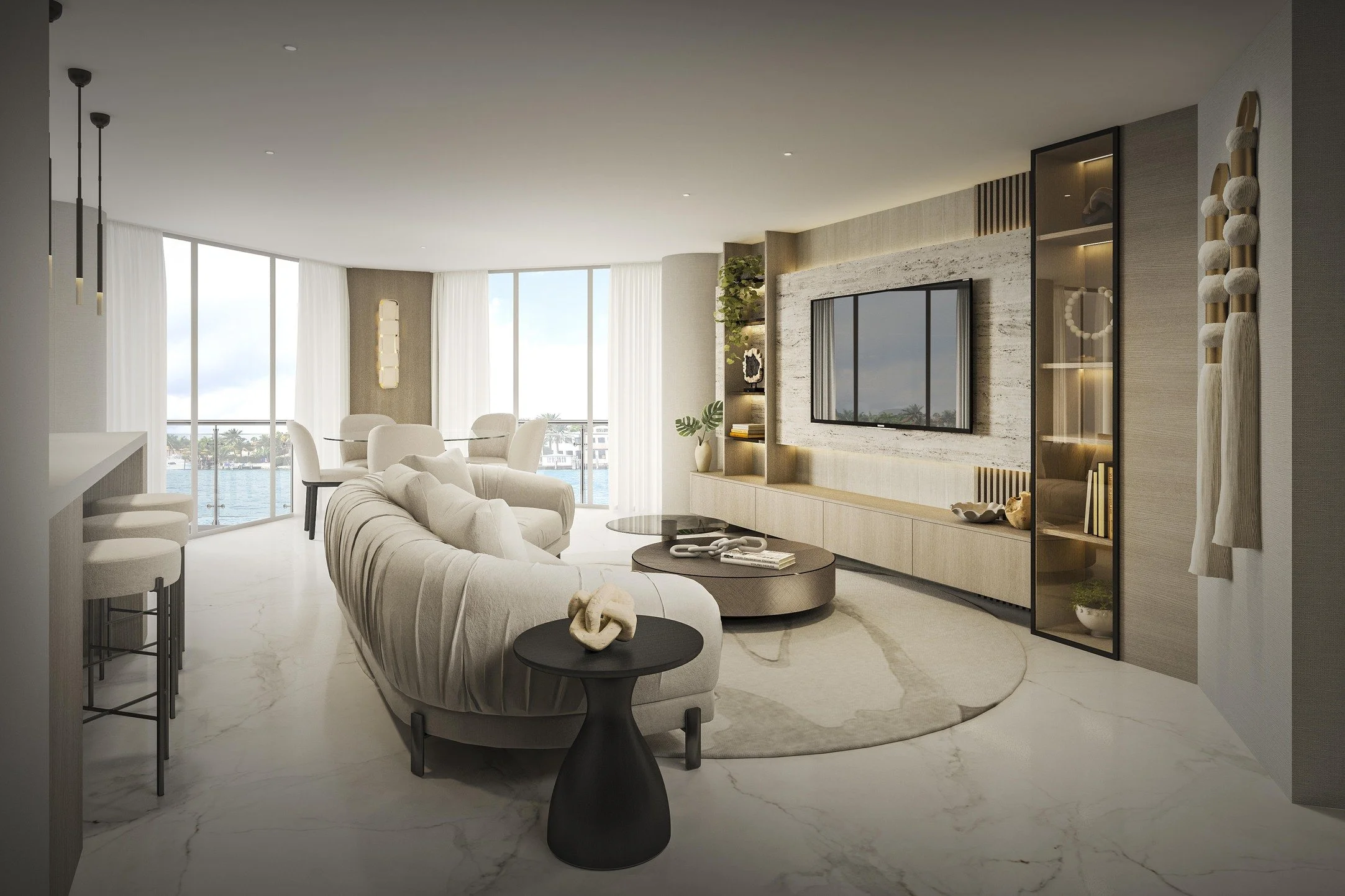 A sophisticated living room designed with soft organic forms, featuring a sculptural curved sofa and an organic-shaped area rug that bring fluidity and warmth to the space. A custom media wall combines natural stone, warm wood finishes, and smoked gl