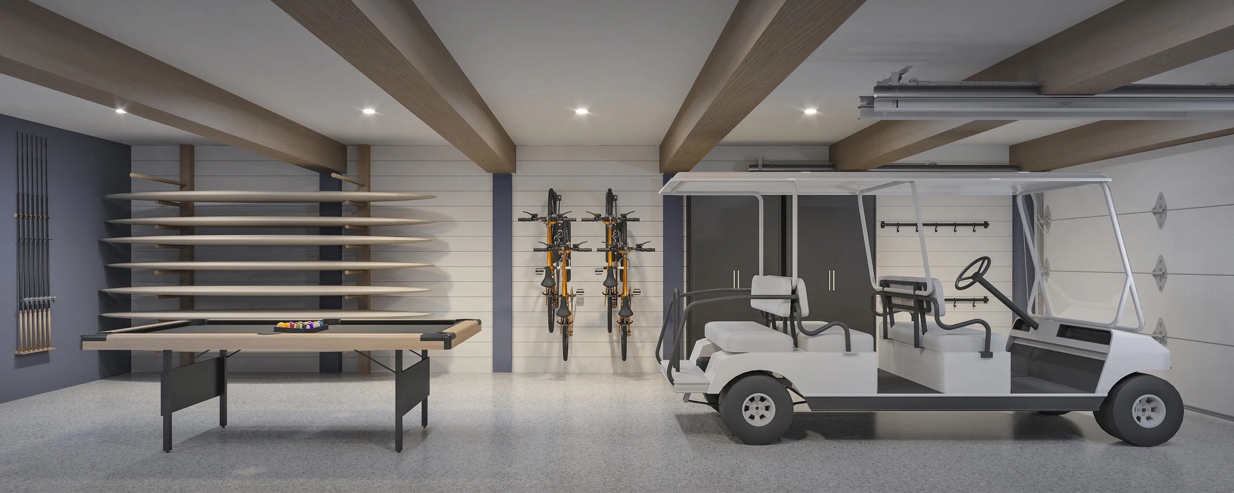 Custom garage conversion with a billiards table, media room, golf cart storage, paddle board rack, lounge seating, and BBQ area. A multifunctional entertainment space designed for recreation, social gatherings, and modern luxury living.