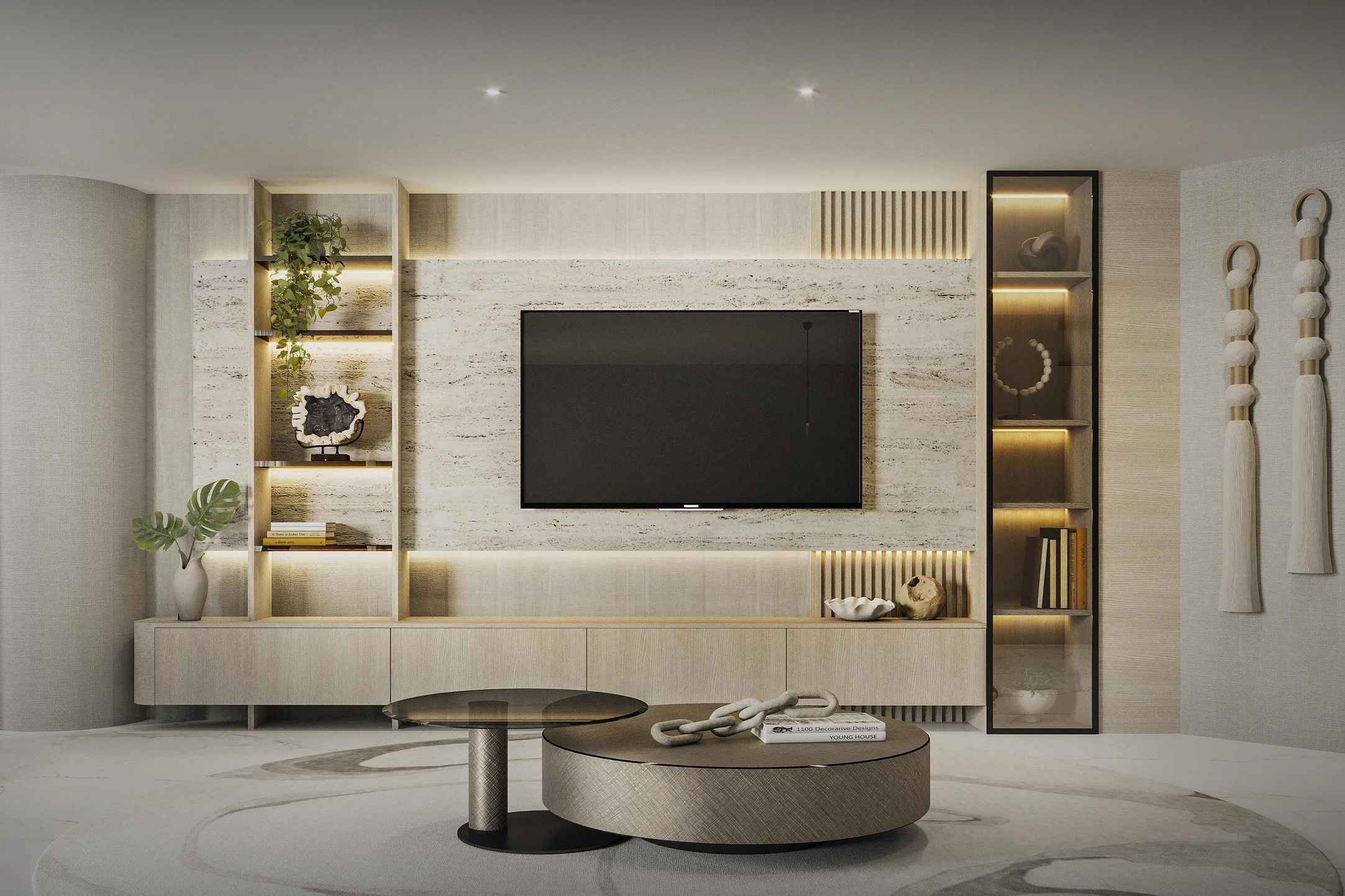 A custom-built media wall designed with a sophisticated mix of natural stone, warm wood finishes, and smoked glass shelving. Integrated storage and layered materials create depth and visual interest, while clean lines and subtle lighting enhance the 