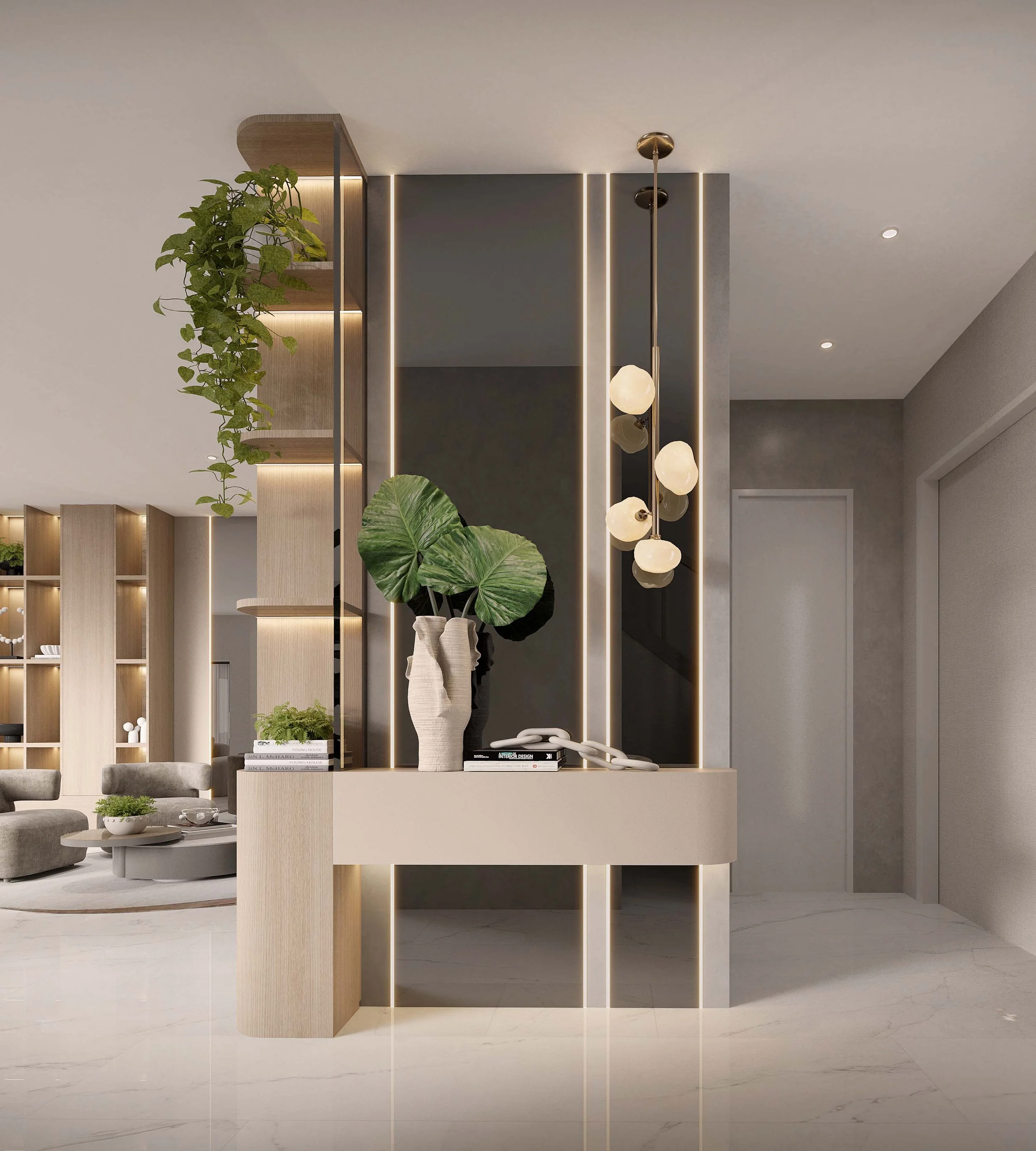 A striking foyer featuring floor-to-ceiling smoked glass mirrors that enhance the sense of depth and light. A curved custom console with warm wood, bronze glass shelving, and integrated LED lighting creates a sophisticated focal point, complemented b
