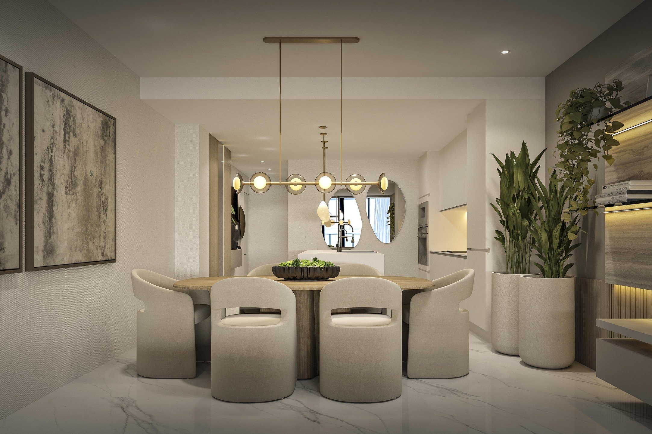 An elegant dining room designed with organic forms and soft textures, featuring upholstered dining chairs that bring warmth and comfort to the space. A statement chandelier serves as a sculptural focal point, enhancing the refined atmosphere and mode