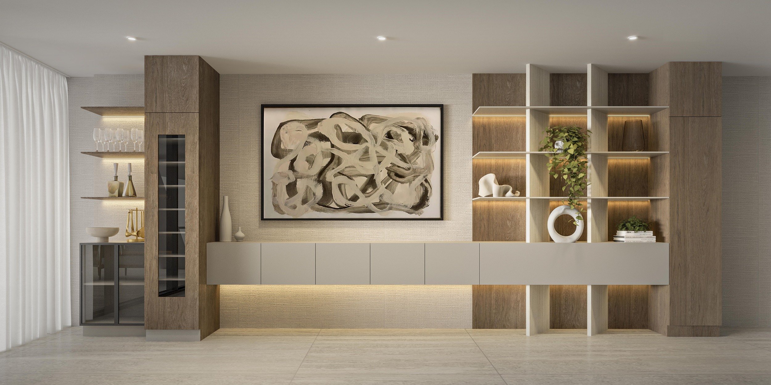 A custom dining room built-in featuring a long console, open shelving, and a dedicated bar area designed for both display and entertaining. Integrated closed storage maintains a clean and organized appearance, while warm finishes and thoughtful detai