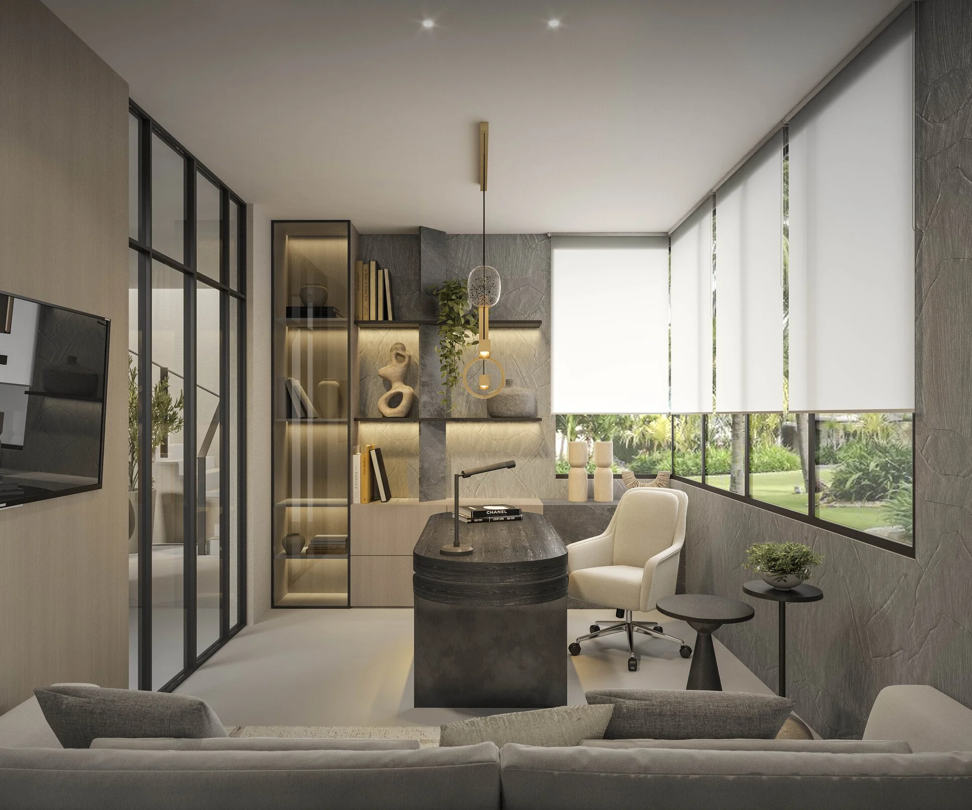 A sophisticated home office featuring a custom built-in that combines natural stone, warm wood finishes, and smoked glass cabinetry for a refined modern look. A comfortable sofa adds a welcoming touch, creating a functional workspace that balances pr