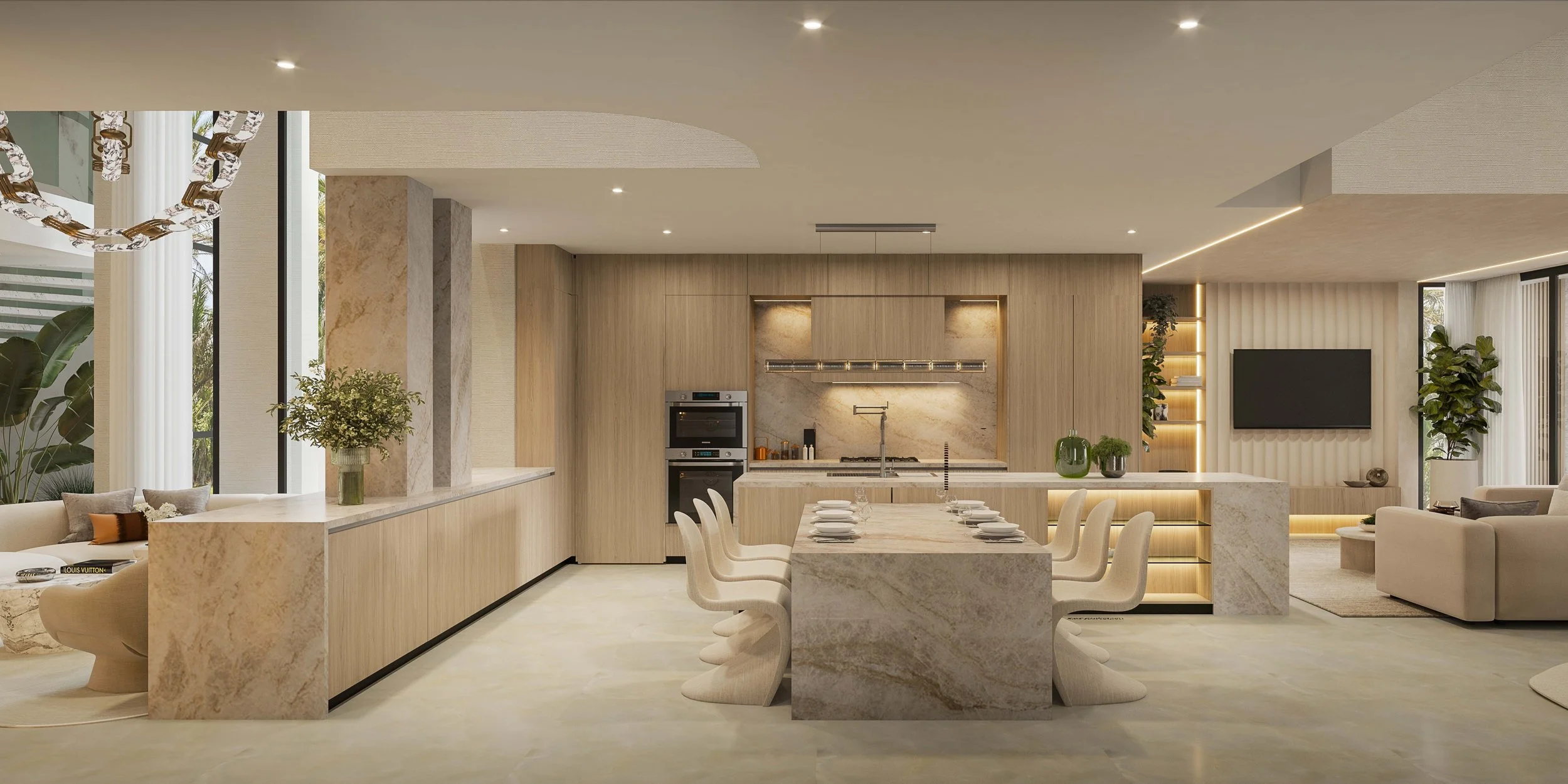 A contemporary kitchen designed with both functionality and aesthetics in mind. Sleek surfaces, refined finishes, and a neutral palette create a clean and timeless look.

The layout maximizes efficiency while maintaining an open connection to the soc