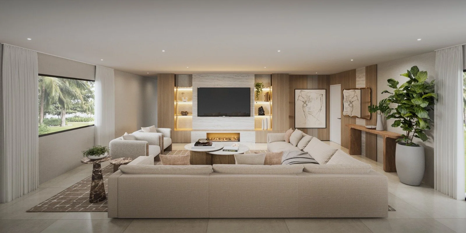 A modern and elegant living room designed in soft neutral tones. A comfortable sectional sofa anchors the space, while the warm wood built-in and sleek lighting details create balance. Statement art pieces add a touch of contemporary sophistication.