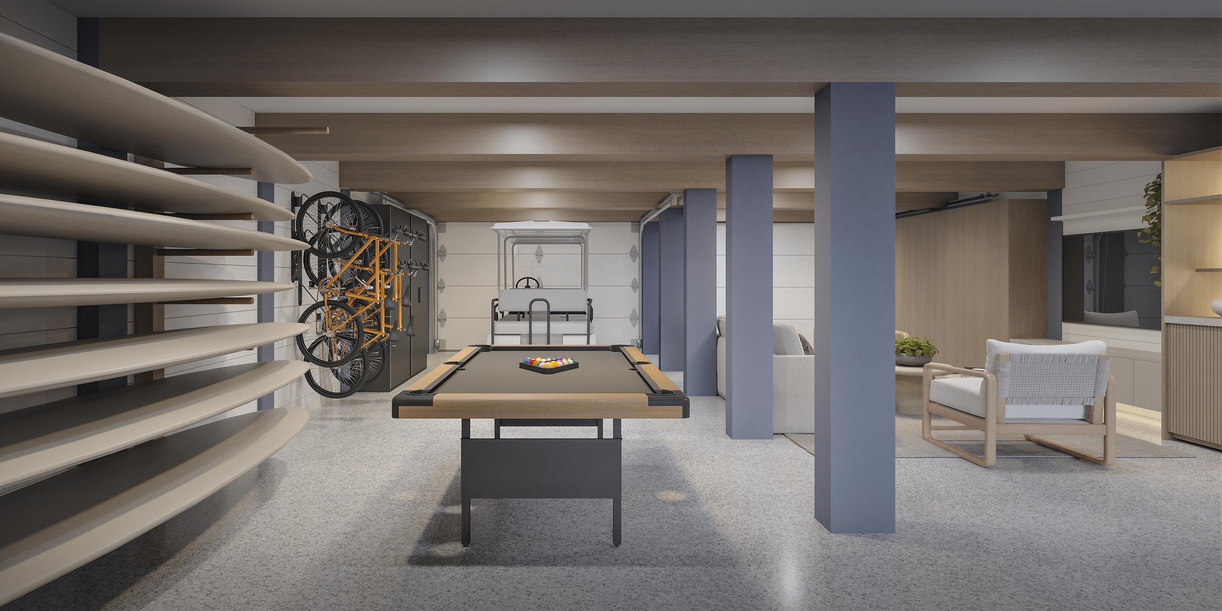 Custom garage conversion with a billiards table, media room, golf cart storage, paddle board rack, lounge seating, and BBQ area. A multifunctional entertainment space designed for recreation, social gatherings, and modern luxury living.