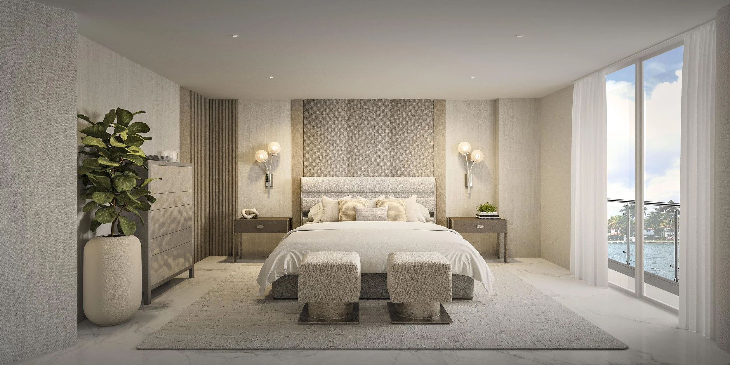 A warm and elegant primary bedroom featuring a custom headboard that adds texture and architectural interest to the space. Decorative wall sconces and upholstered ottomans introduce softness and sophistication, while layered materials and neutral ton