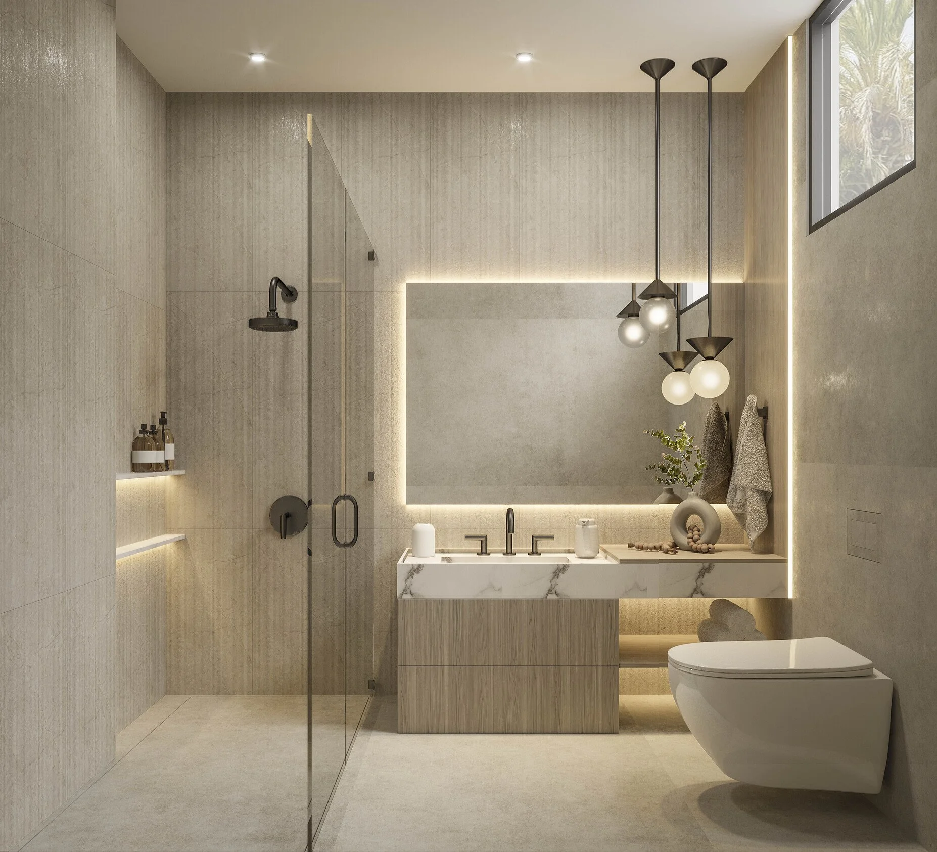A refined bathroom featuring a custom vanity that combines warm wood and natural stone for a balanced, modern look. Pendant lighting adds a soft decorative touch, enhancing the overall atmosphere while clean lines and neutral tones create a timeless 