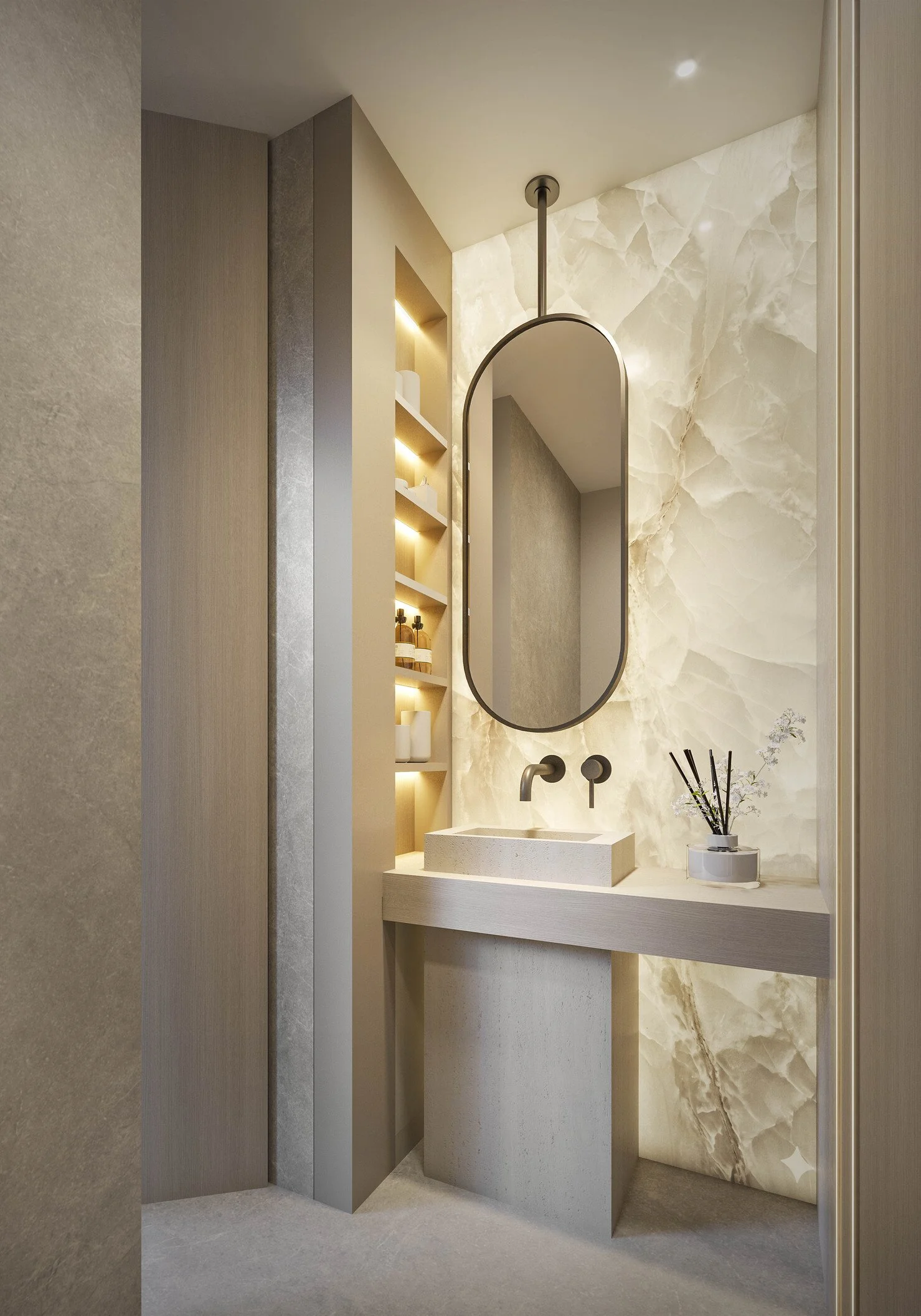 A dramatic powder bathroom featuring a striking onyx stone focal wall that brings depth, texture, and a luxurious statement to the space. A custom built-in enhances both functionality and design, while refined finishes and warm lighting create an ele