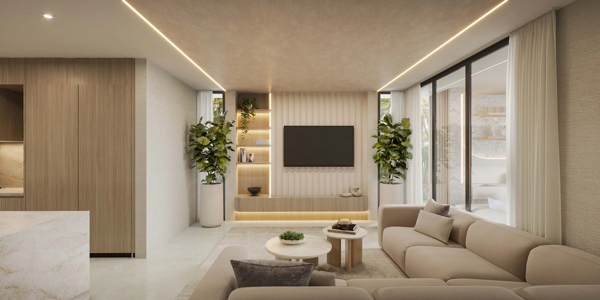 A warm and inviting family room defined by soft neutral tones, custom built in, and integrated lighting. The built-in media wall and open shelving create a clean focal point, while layered textures and natural elements enhance the sense of comfort, m