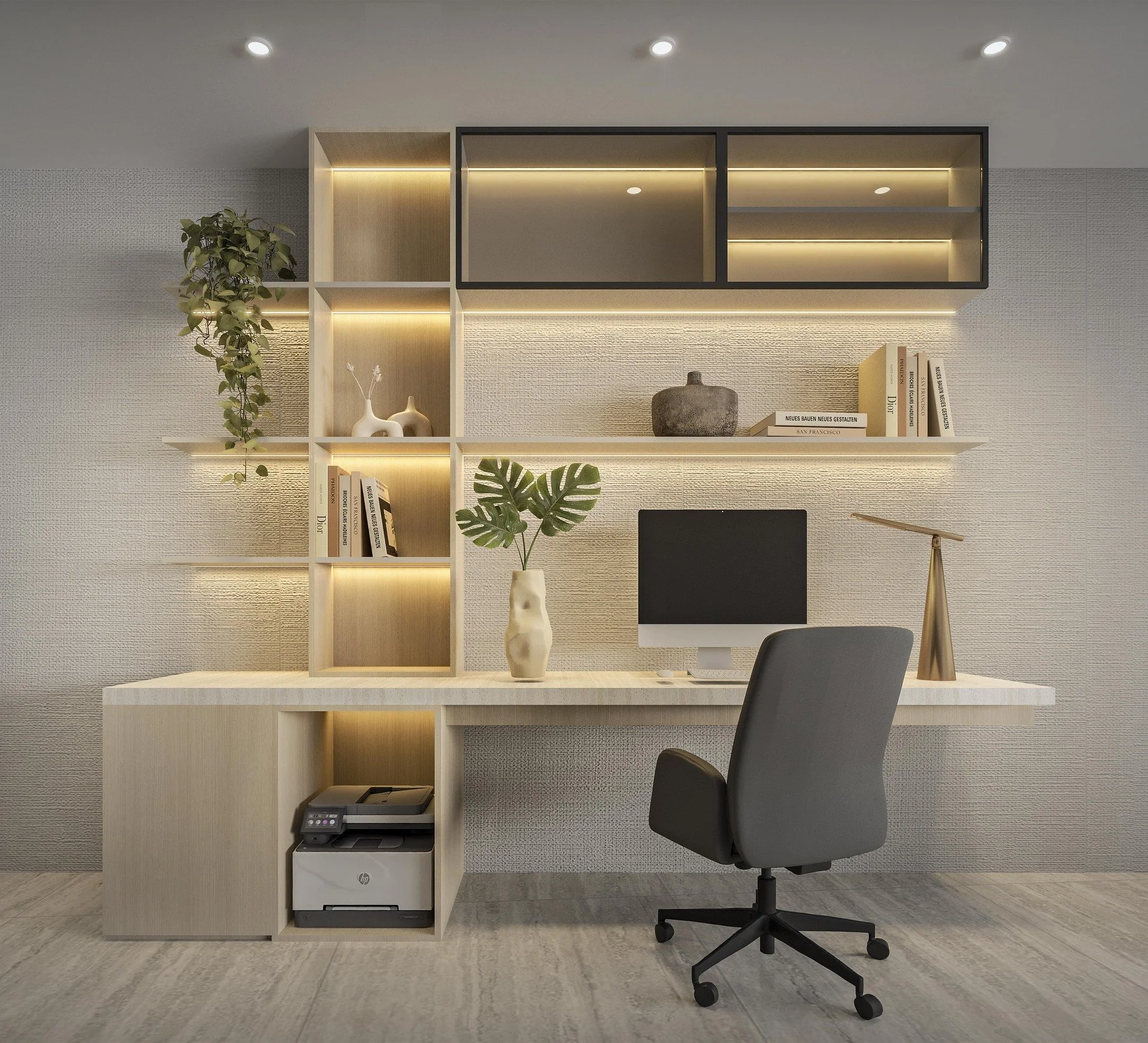 ### **Custom Desk Built-In**

A custom desk built-in designed to maximize both functionality and organization, featuring open shelving, display storage, and integrated cabinetry. Clean lines and thoughtful detailing create a streamlined workspace, wh