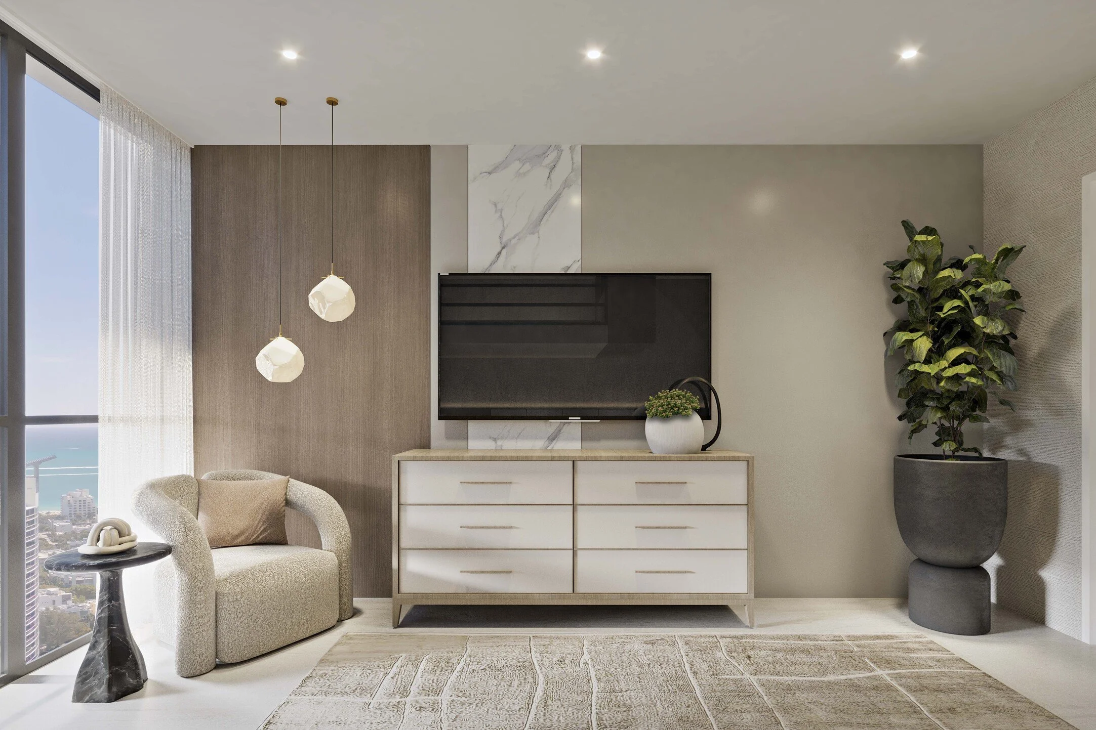 TV media wall combines stone and wood details, with open shelving for display and integrated lighting that adds warmth