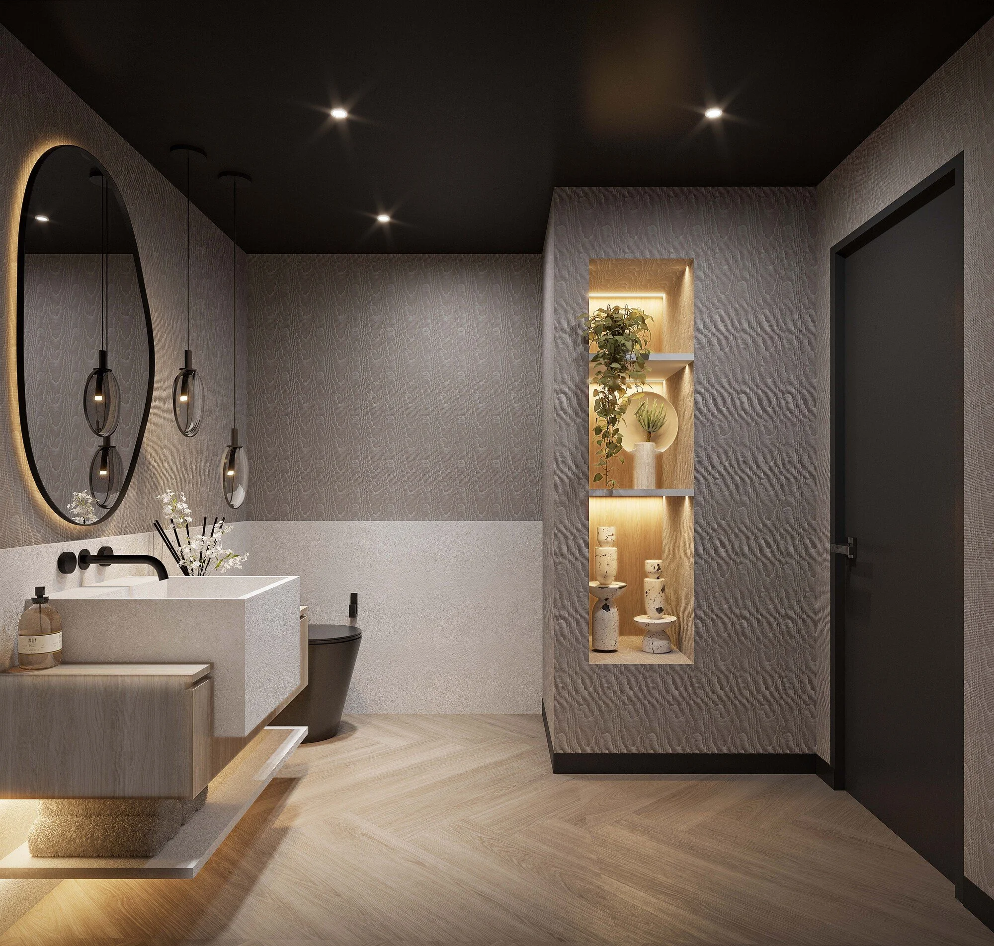 A sophisticated powder bath featuring a textured accent wallpaper that adds depth and character to the space. A custom vanity creates a tailored focal point, complemented by an irregular-shaped mirror with integrated LED lighting for a soft, sculptur