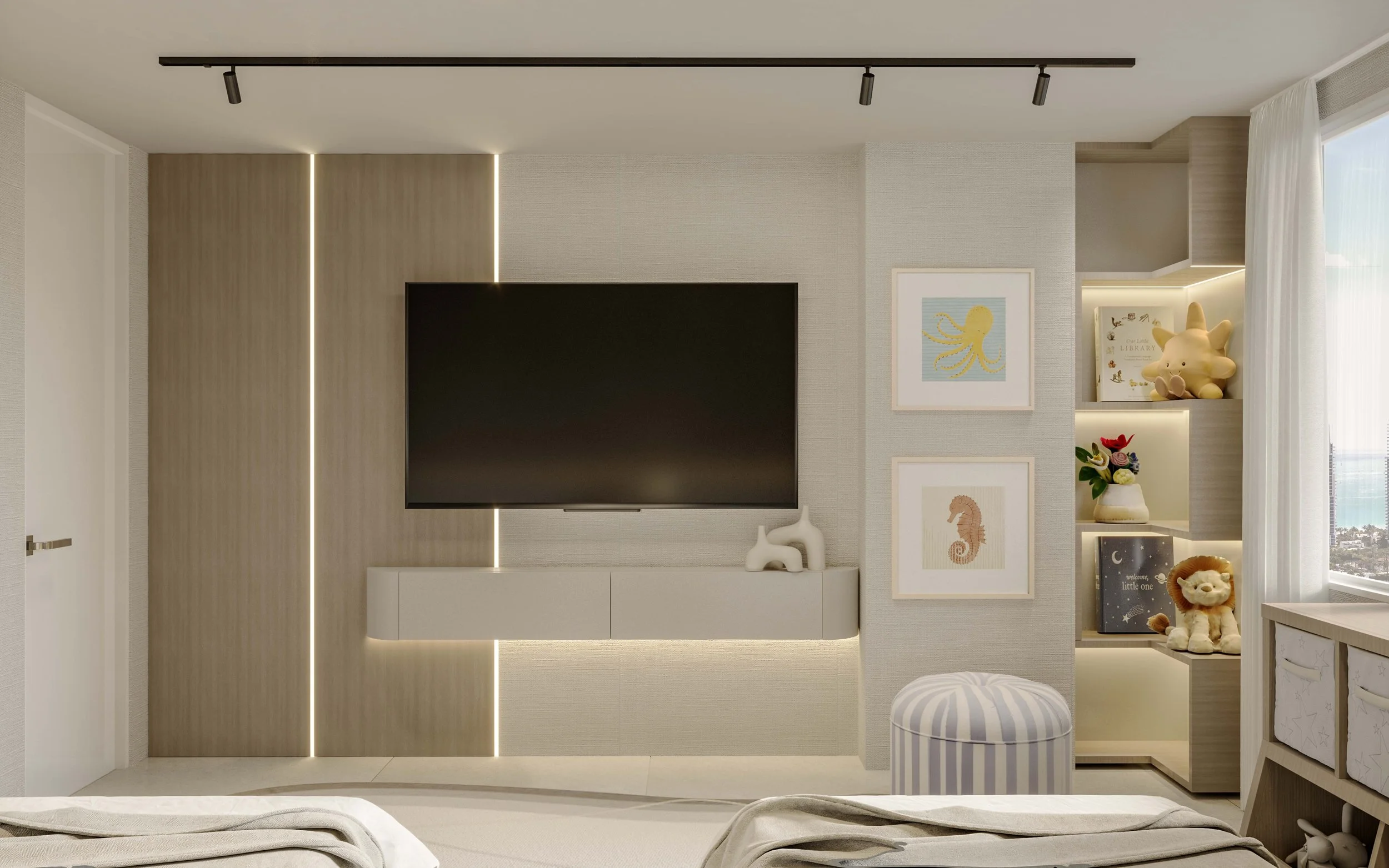 Media accent wall built in perfect for kids bedroom, soft warm wood tones