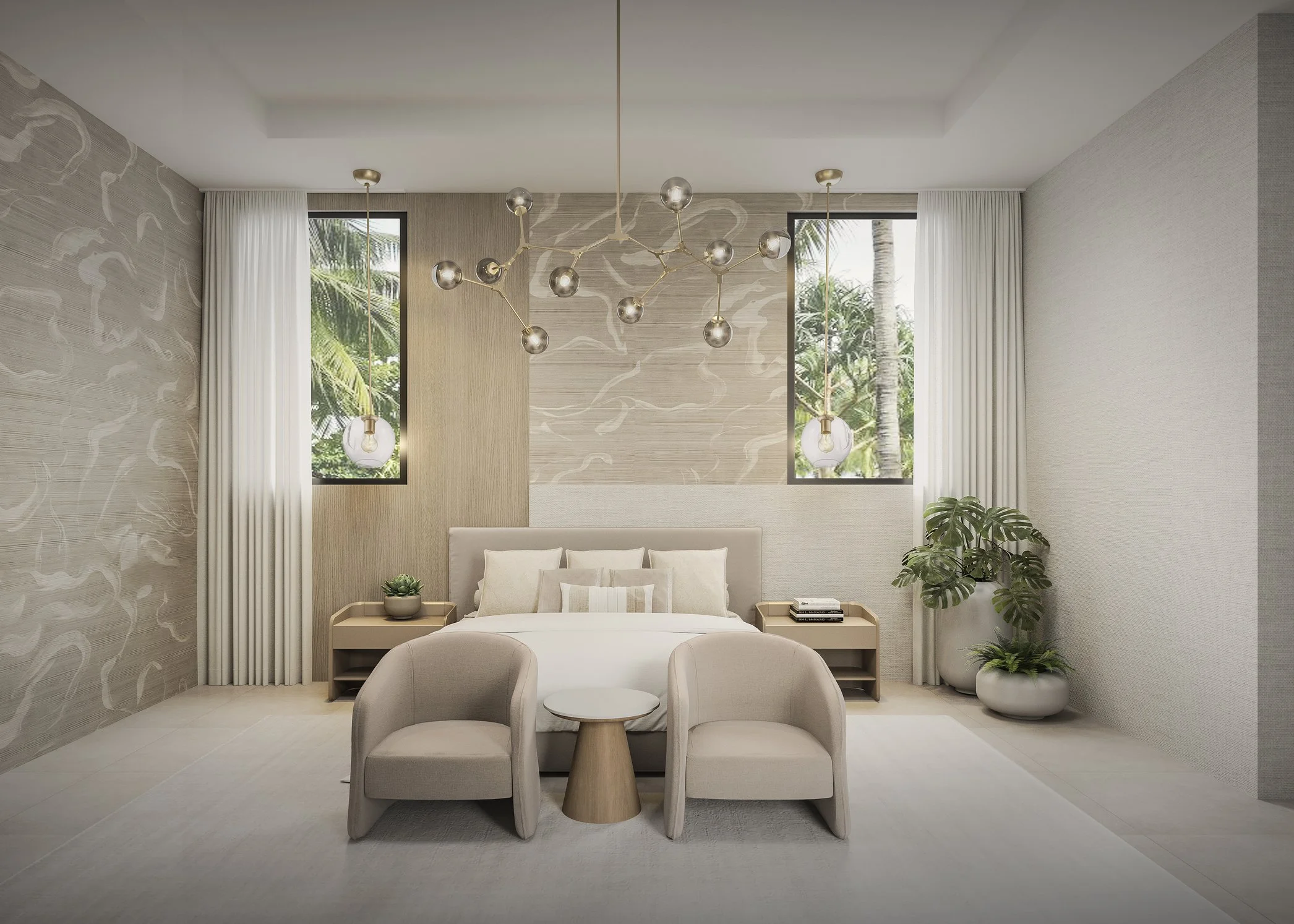 A warm and inviting primary bedroom featuring an asymmetrical custom headboard that adds a unique architectural element to the space. A comfortable seating area, elegant chandelier, and delicate pendant lighting create a layered and sophisticated atm