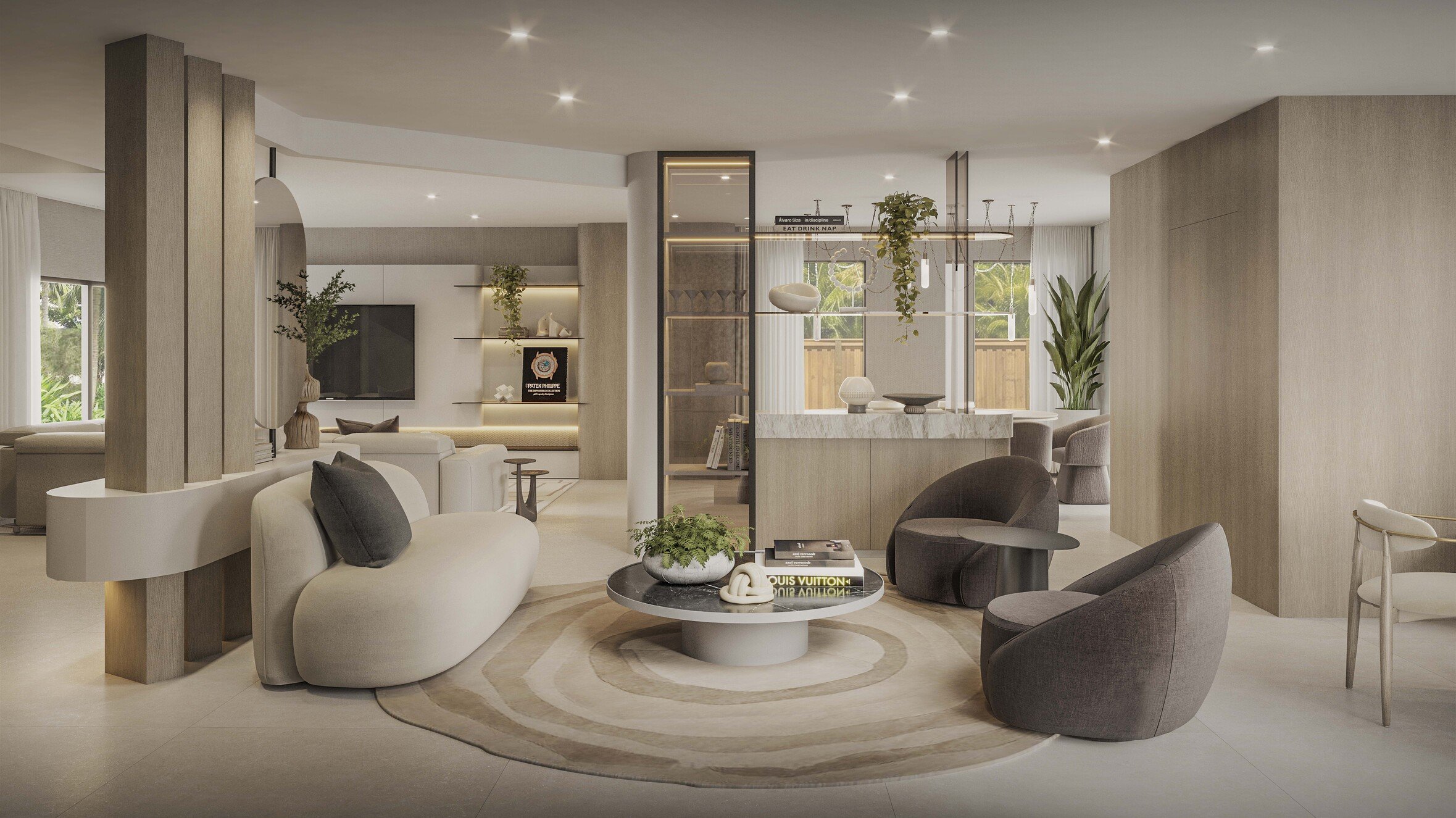 A sophisticated bar area positioned at the heart of the home, creating a seamless transition between the surrounding spaces. A custom built-in bar combines open display shelving with concealed storage, bringing both functionality and a refined visual