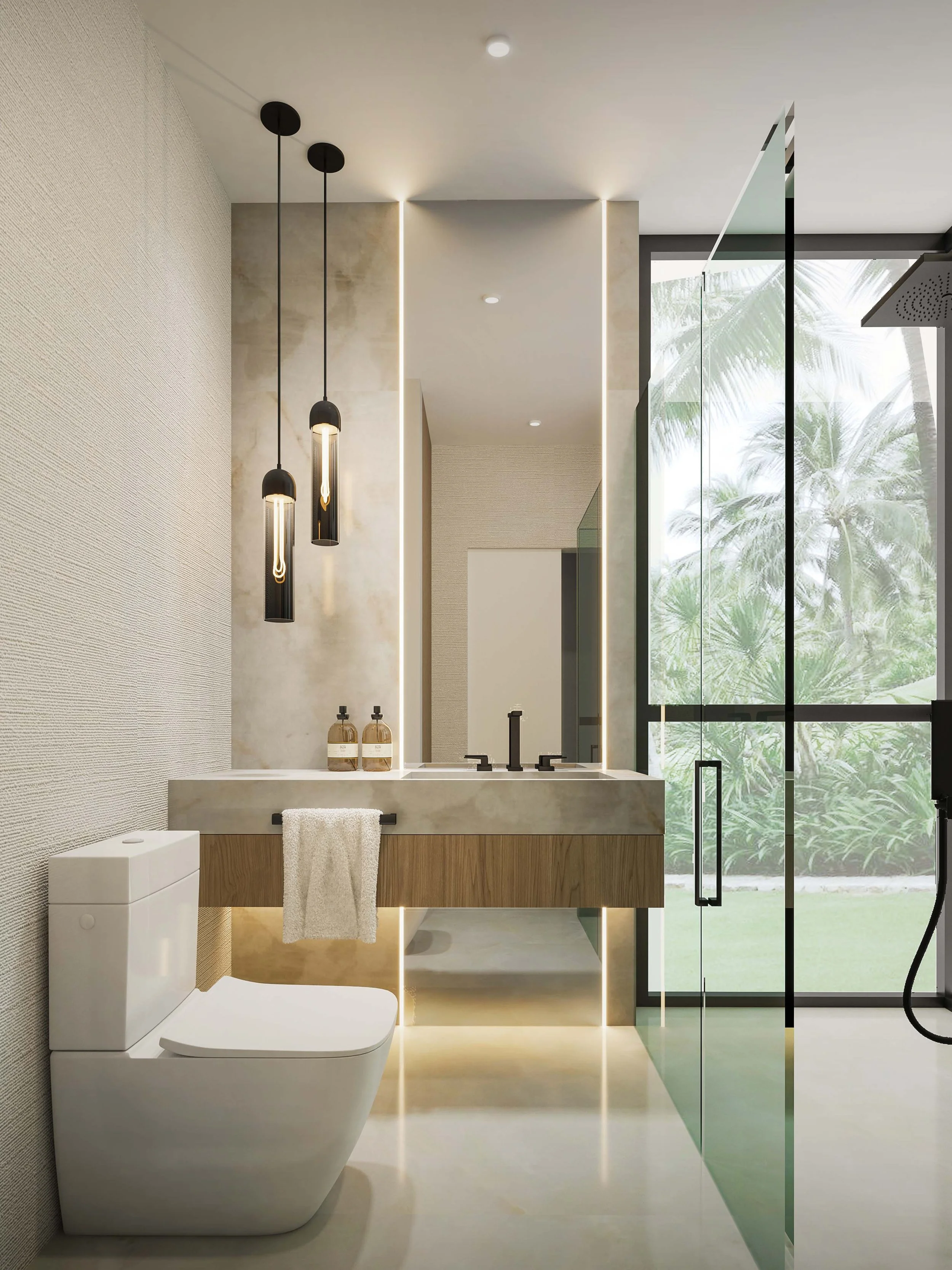 A sleek, modern bathroom featuring a floor-to-ceiling mirror that enhances natural light and amplifies the sense of space. Paired with clean lines, neutral finishes, and refined materials, the design creates a bright and elevated atmosphere with a mo