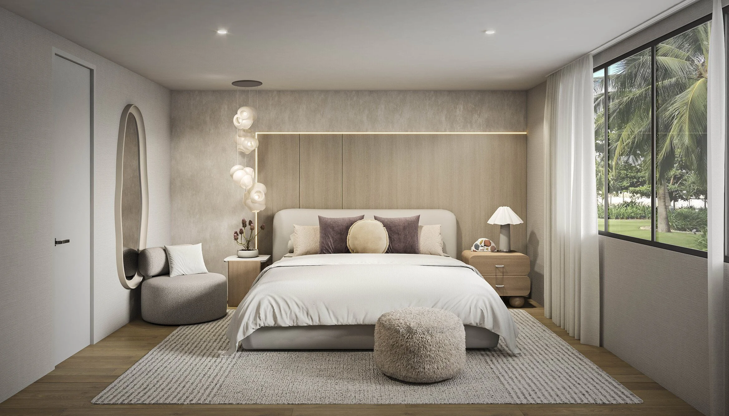 A sophisticated girls’ bedroom designed with a custom built-in that seamlessly integrates a desk and makeup station for both functionality and style. A custom media wall, warm wood finishes, and a delicate pendant light create a soft and elevated atm