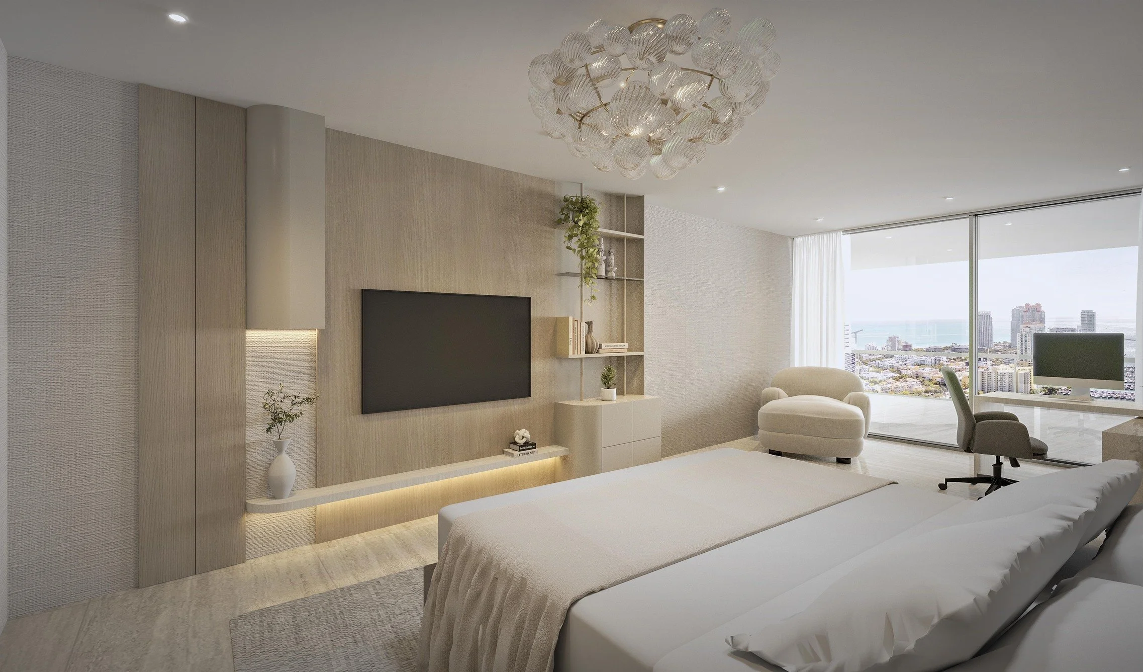 A sleek custom media wall designed for the primary bedroom, featuring a refined combination of taupe wood finishes, integrated LED lighting, and a balance of open and closed storage. A floating shelf-style console provides a clean architectural eleme