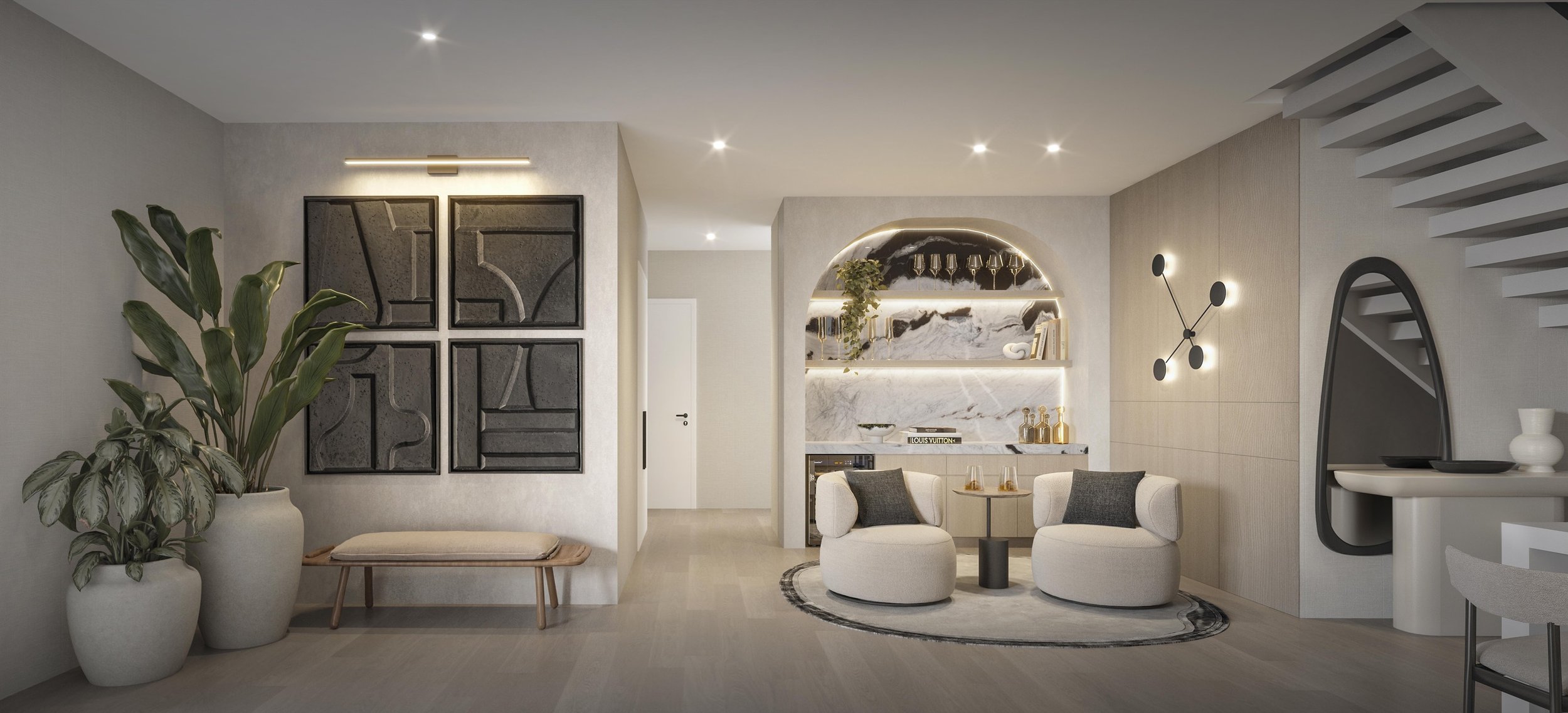 A stylish entertainment space centered around a custom bar featuring an architectural arch detail and a striking stone accent. The open layout is complemented by curated wall art, a built-in bench seating area, and thoughtfully layered furnishings th