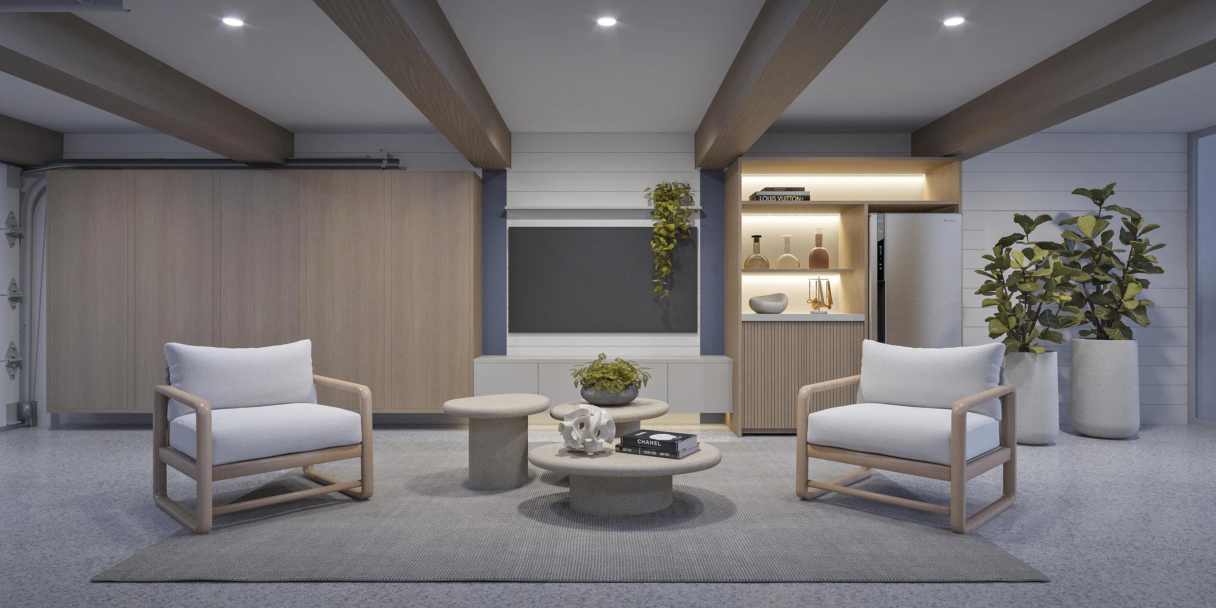 Custom garage conversion with a billiards table, media room, golf cart storage, paddle board rack, lounge seating, and BBQ area. A multifunctional entertainment space designed for recreation, social gatherings, and modern luxury living.